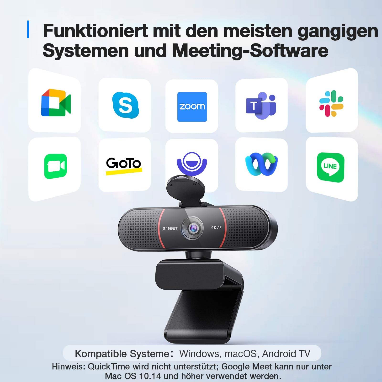 Webcam Emeet 4K AF sopra le icone dei software di riunione.