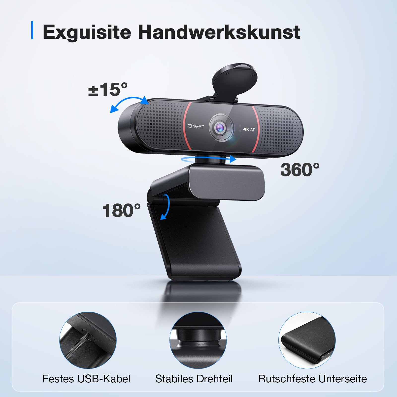 Una webcam 4K nera con angoli regolabili, supporto e dettagli.