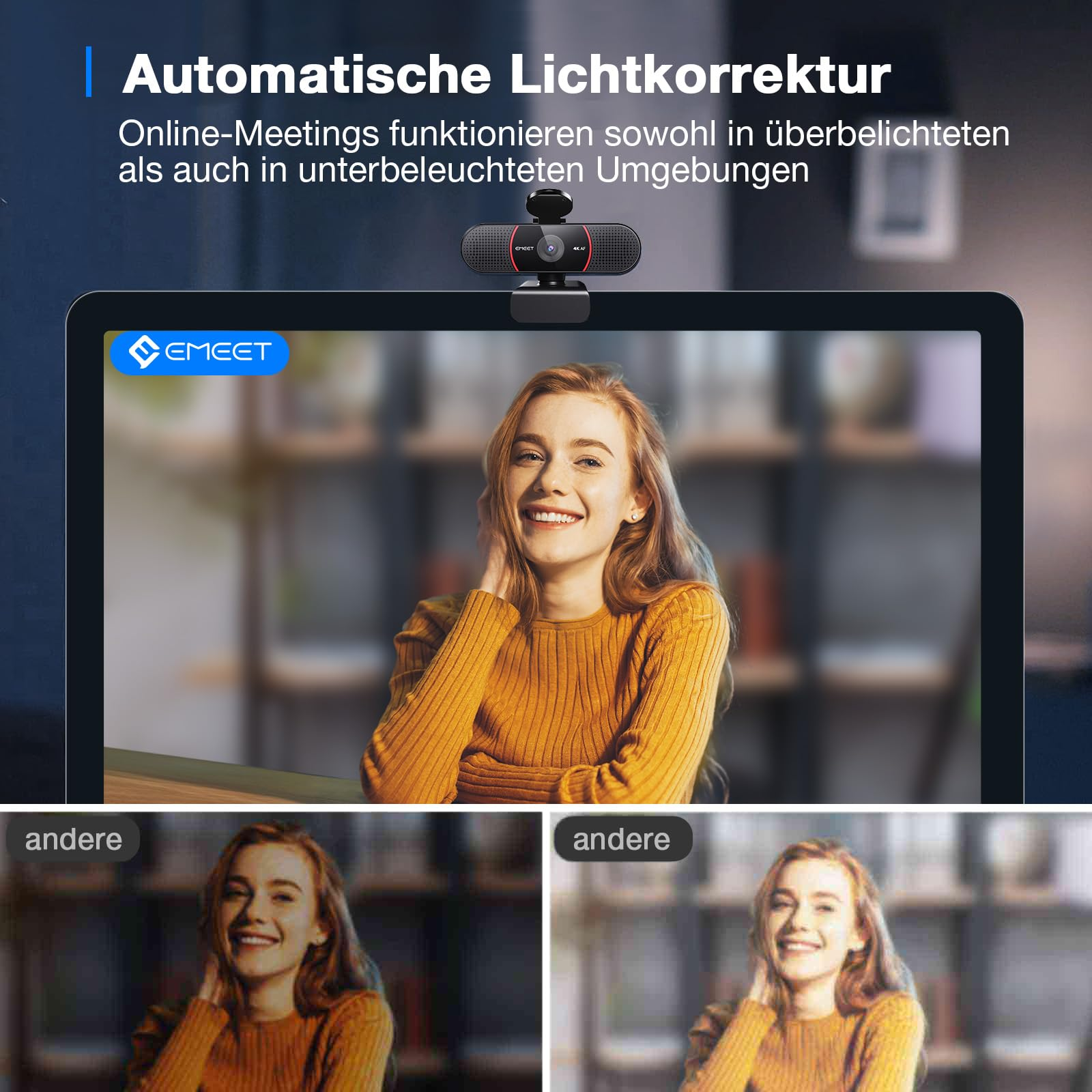 Una webcam su un monitor mostra una donna sorridente in una stanza ben illuminata.