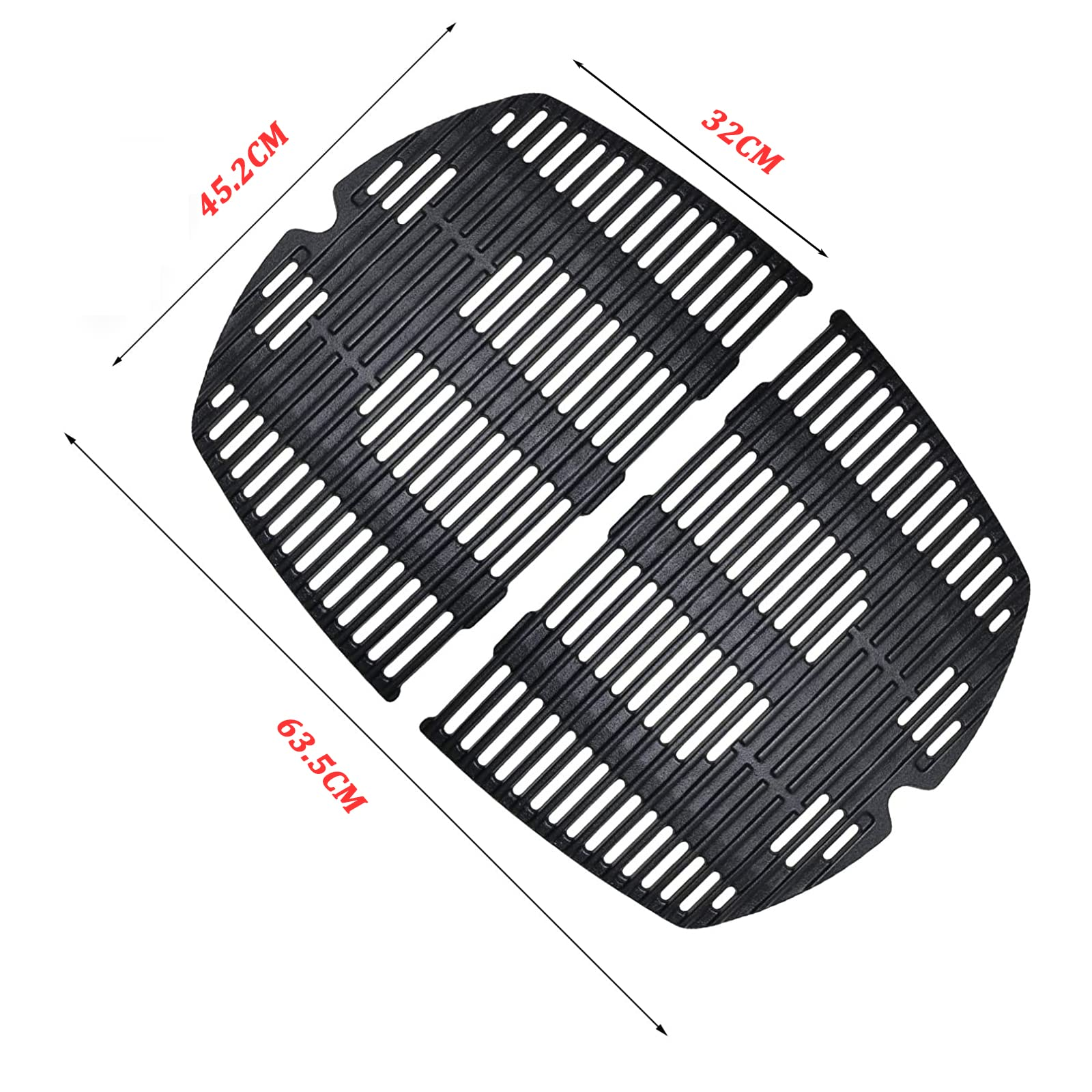 Zwei schwarze Grillroste mit Maßangaben von 45.2cm und 63.5cm auf weißem Hintergrund.