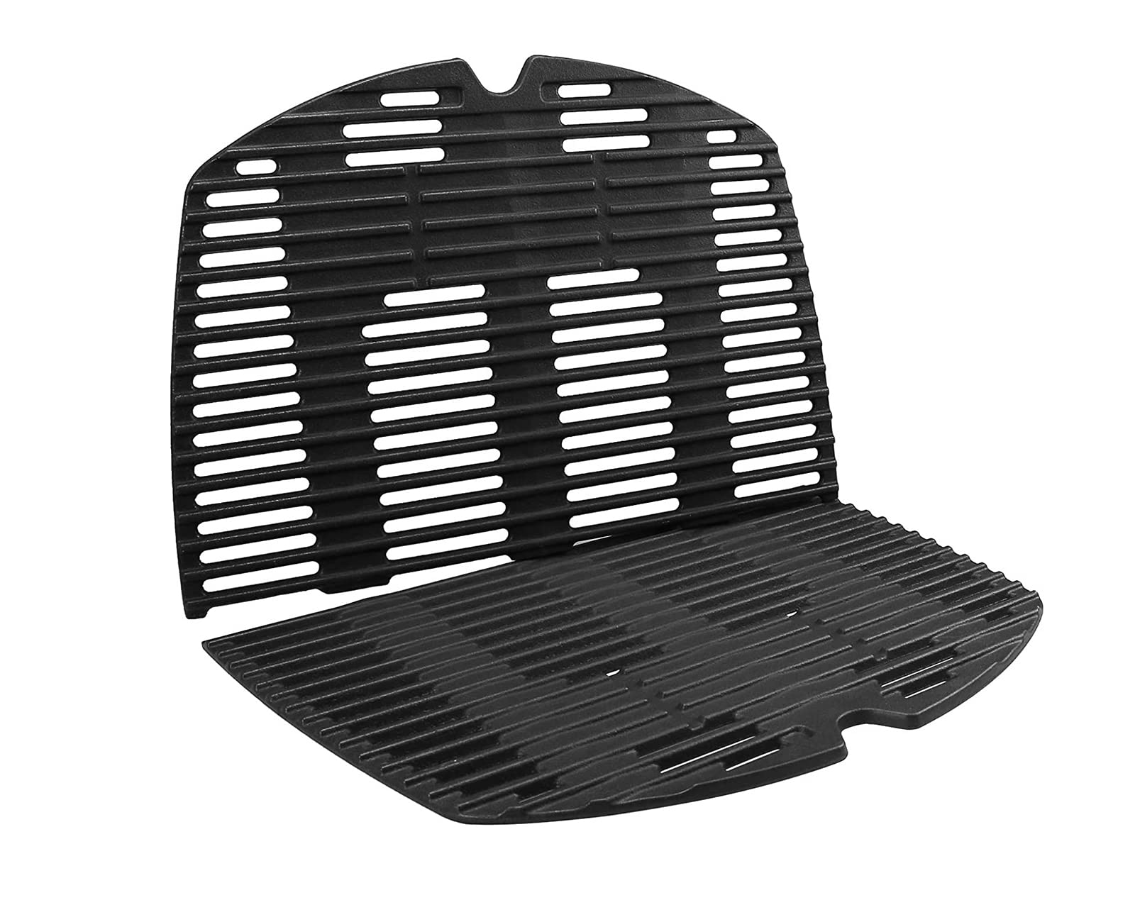 Schwarzer Gusseisen-Grillrost mit waagerechten Schlitzen, bestehend aus einer flachen Basis und einer vertikalen Rückenlehne.