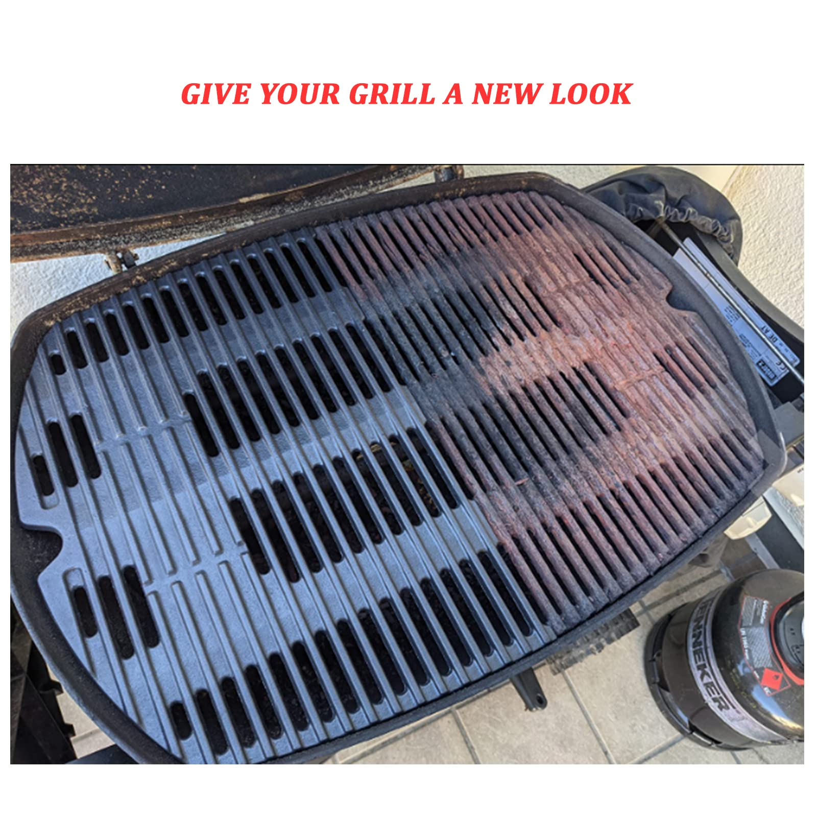 Vergleich eines schmutzigen, verrosteten Grills mit einer sauberen Hälfte.