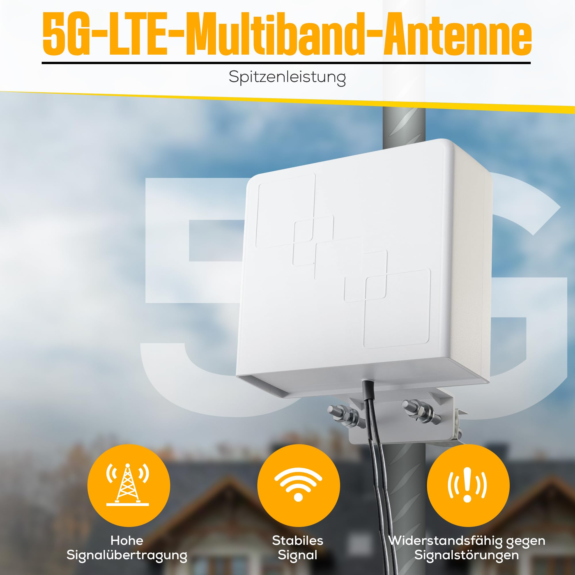 Antenne blanche 5G-LTE sur un mât contre un ciel bleu avec des icônes jaunes.
