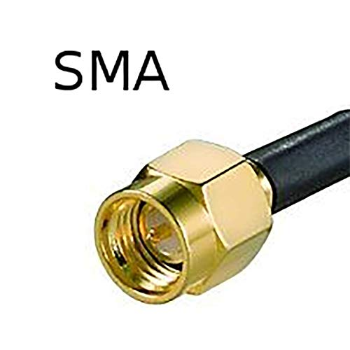 Connecteur d'antenne SMA doré avec câble noir sur fond blanc.