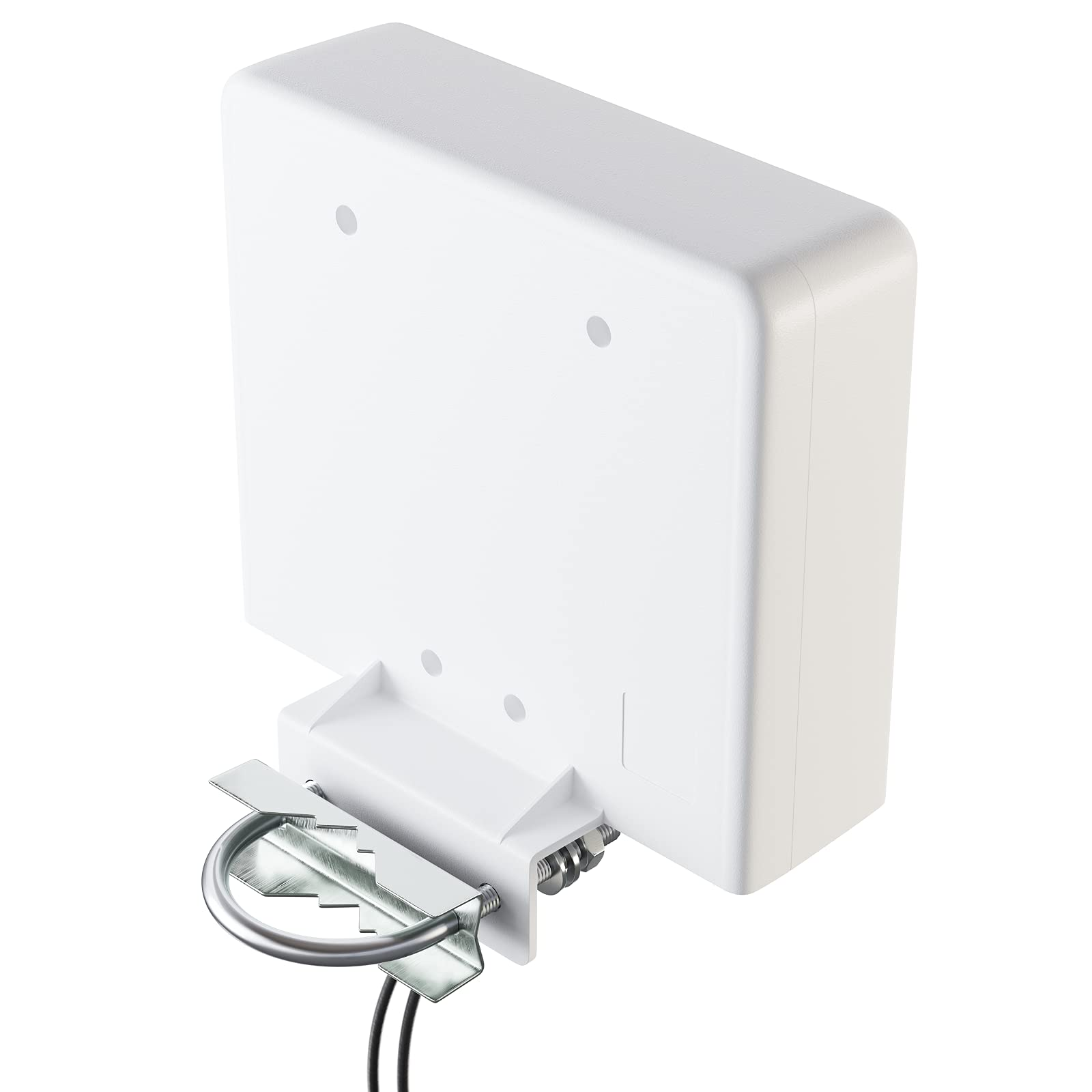 Une antenne blanche avec support de fixation et boulon en U sur fond blanc.