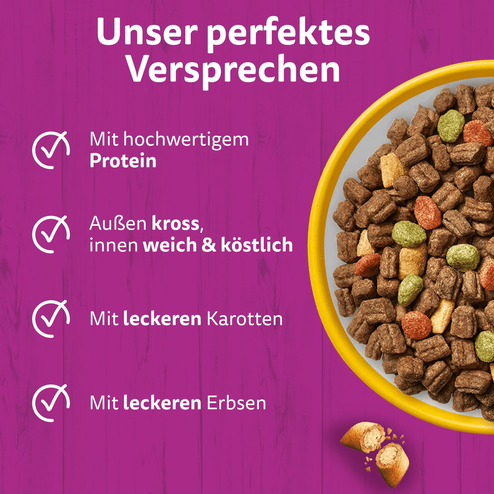 Eine Schüssel Tiernahrung mit Protein, Karotten und Erbsen auf violettem Hintergrund mit deutschem Text.