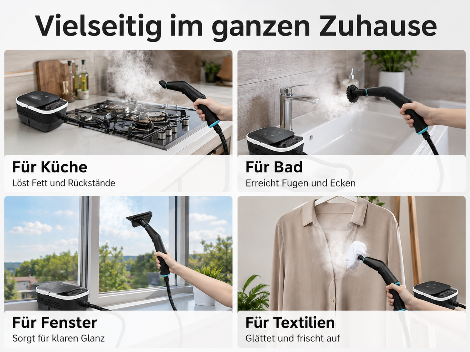 Vier Bilder zeigen den Einsatz eines Dampfreinigers in Küche, Bad, an Fenstern und für Textilien.