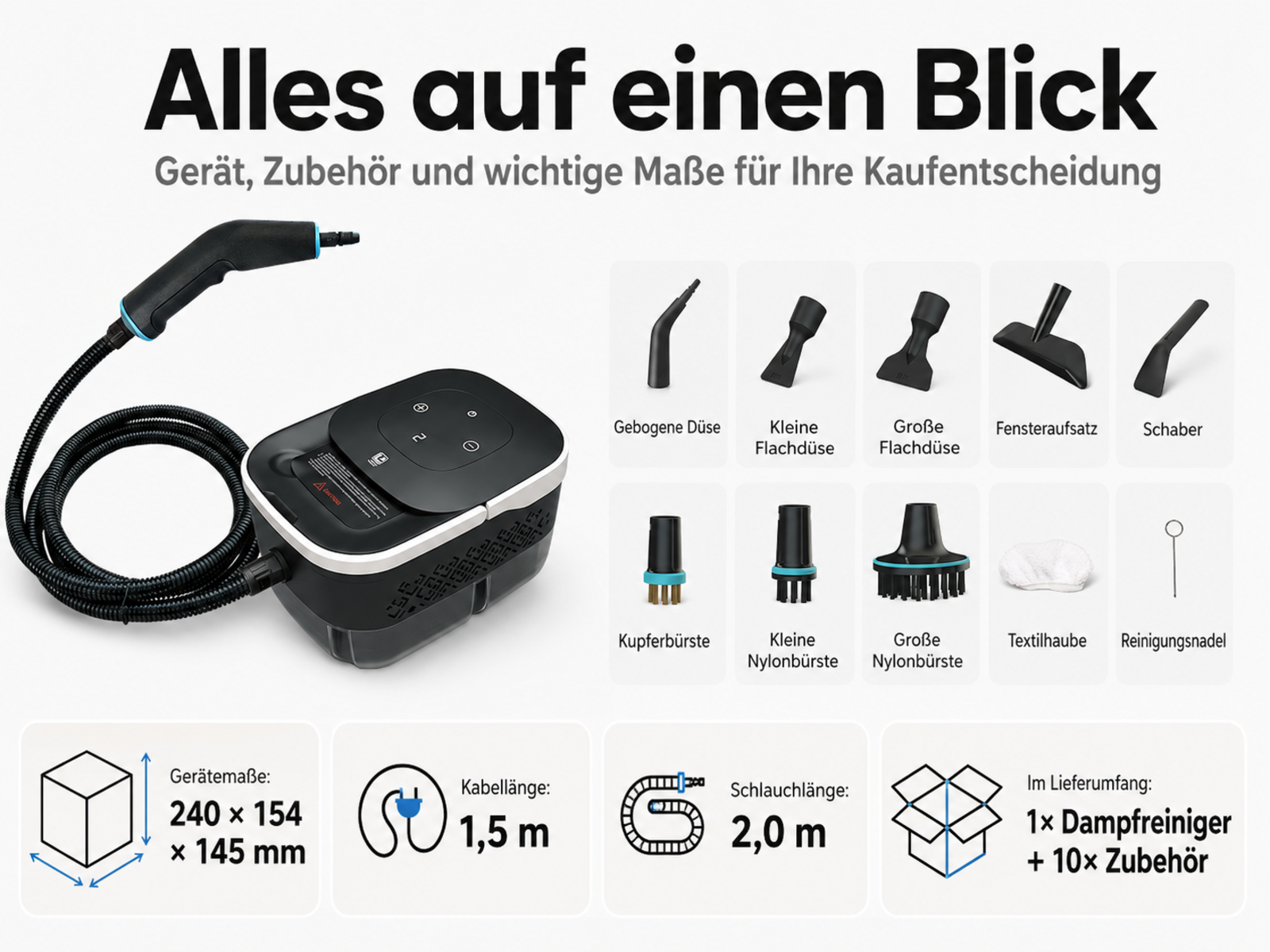 Übersicht eines schwarzen Dampfreinigers mit zehn verschiedenen Zubehörteilen und Maßangaben.