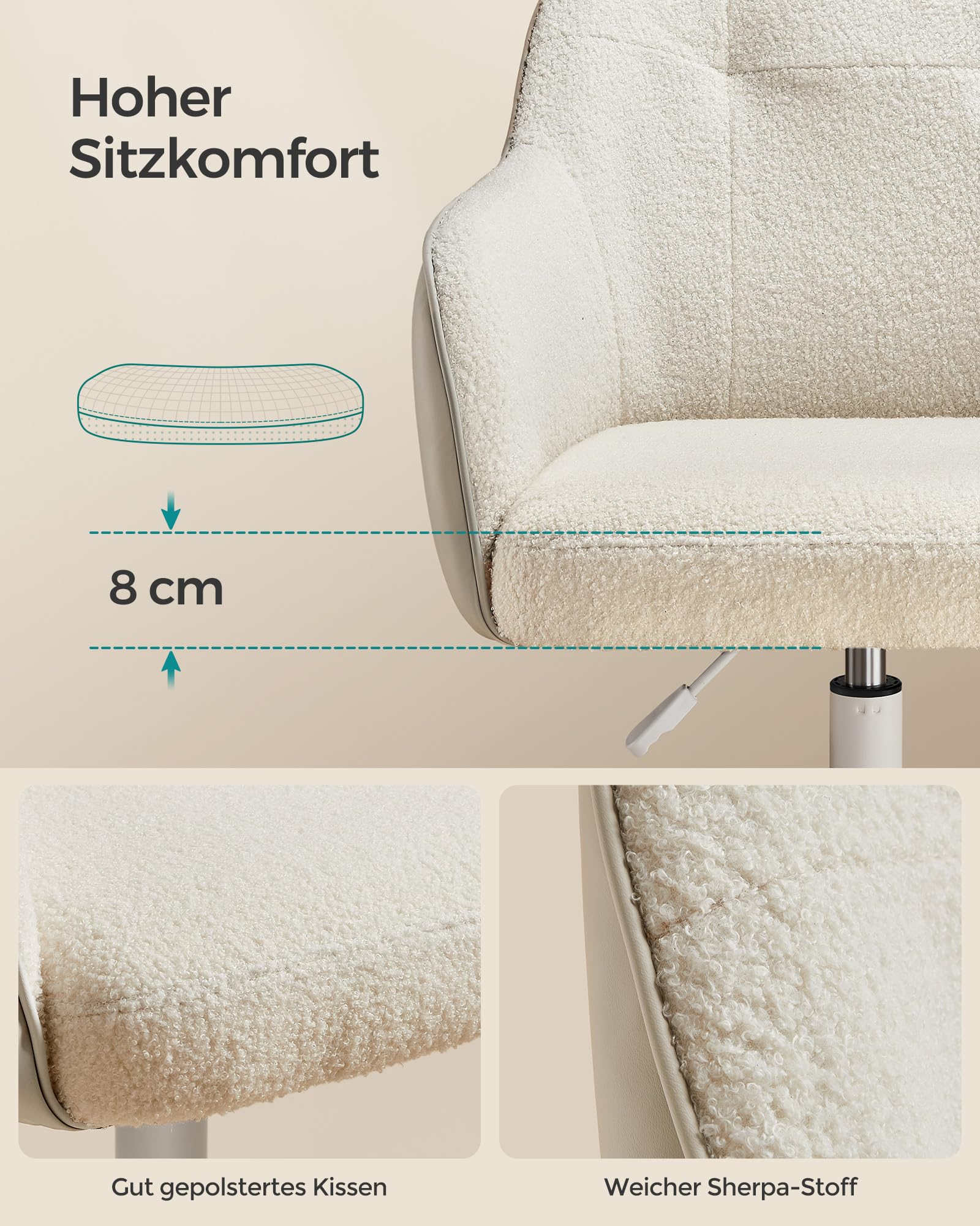 Beige Sherpa-Stuhl mit 8 cm dickem Kissen und Text auf Deutsch.