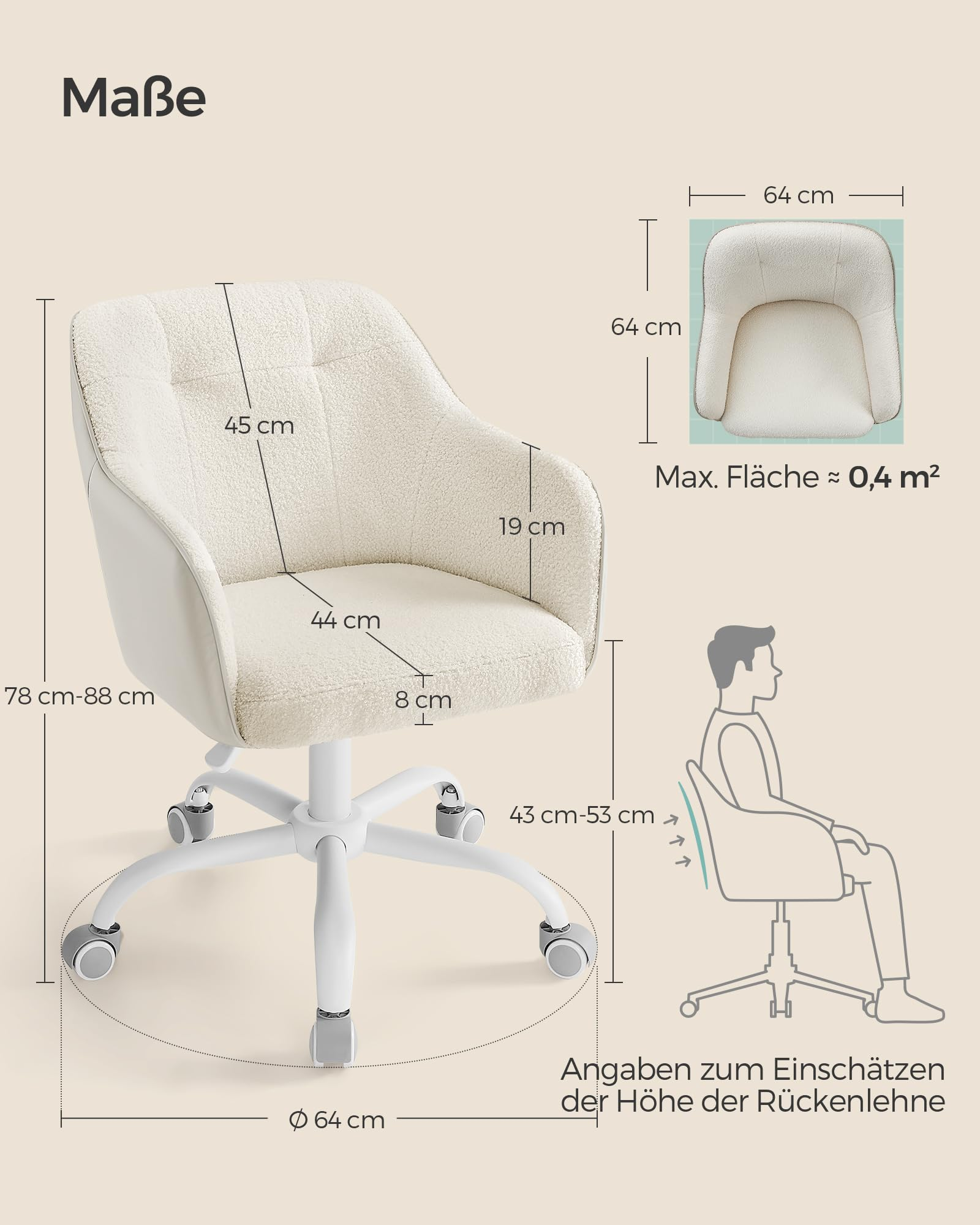 Diagramm mit den Maßen eines weißen Bürostuhls mit Teddy-Stoff, inklusive Oberansicht und Silhouette.
