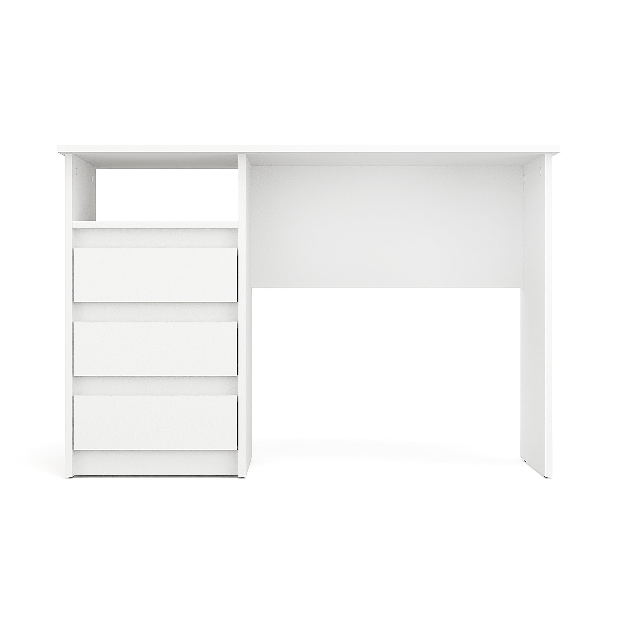 Un bureau blanc moderne avec trois tiroirs à gauche et une étagère de rangement ouverte au-dessus, sur fond blanc.