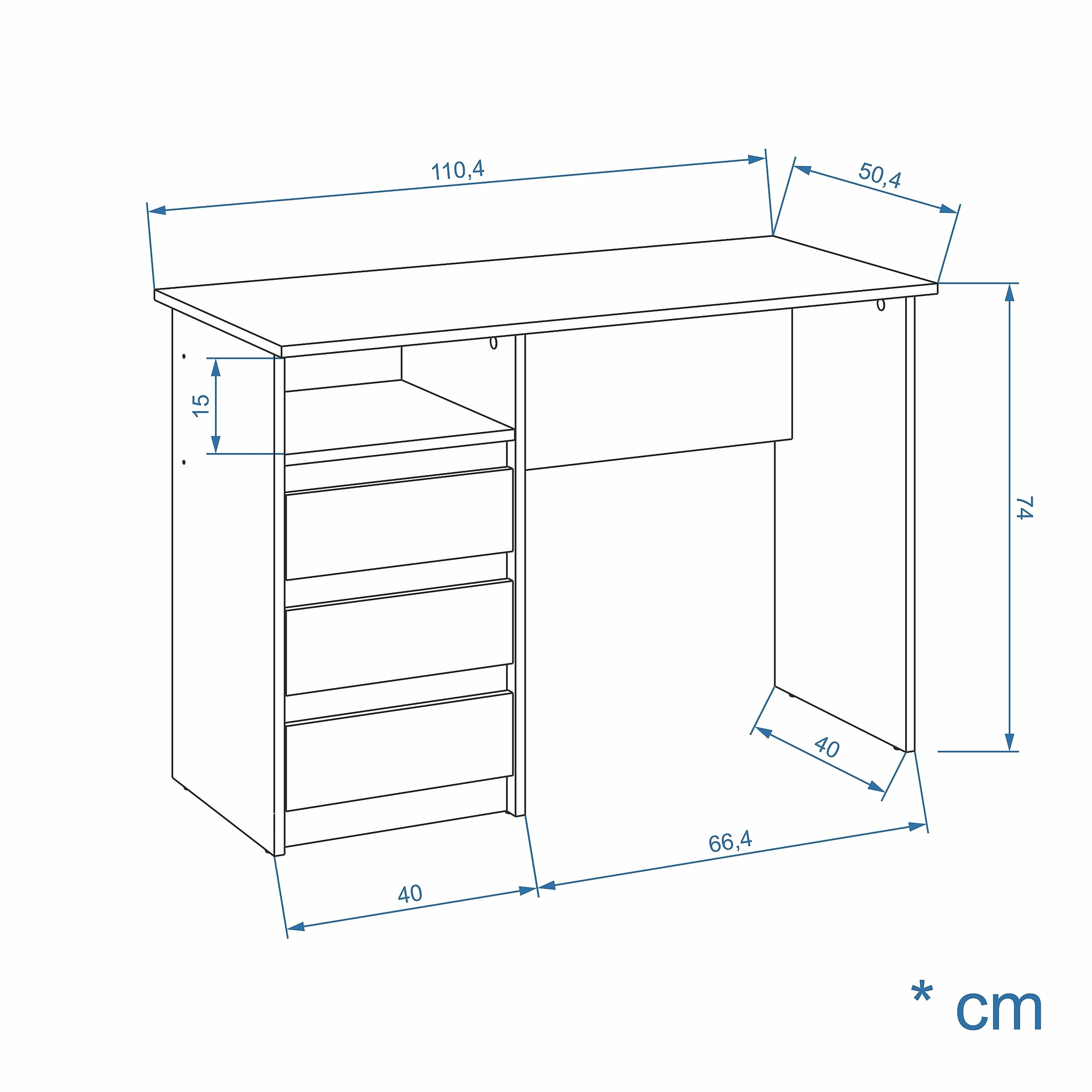 Dessin technique d'un bureau avec trois tiroirs, une étagère ouverte et des dimensions indiquées en centimètres.