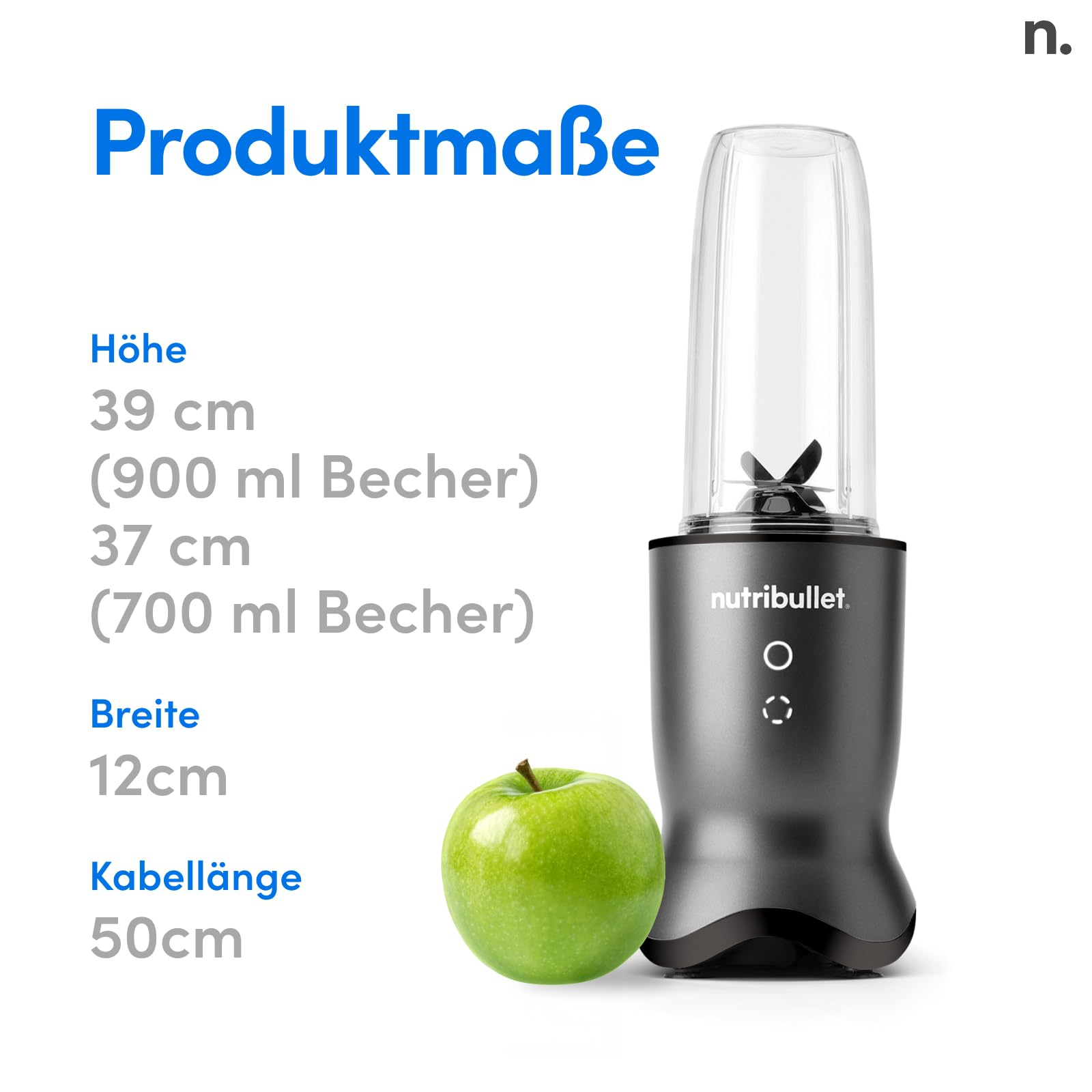 Dunkelgrauer Nutribullet Mixer mit grünem Apfel und Produktoasenangaben.