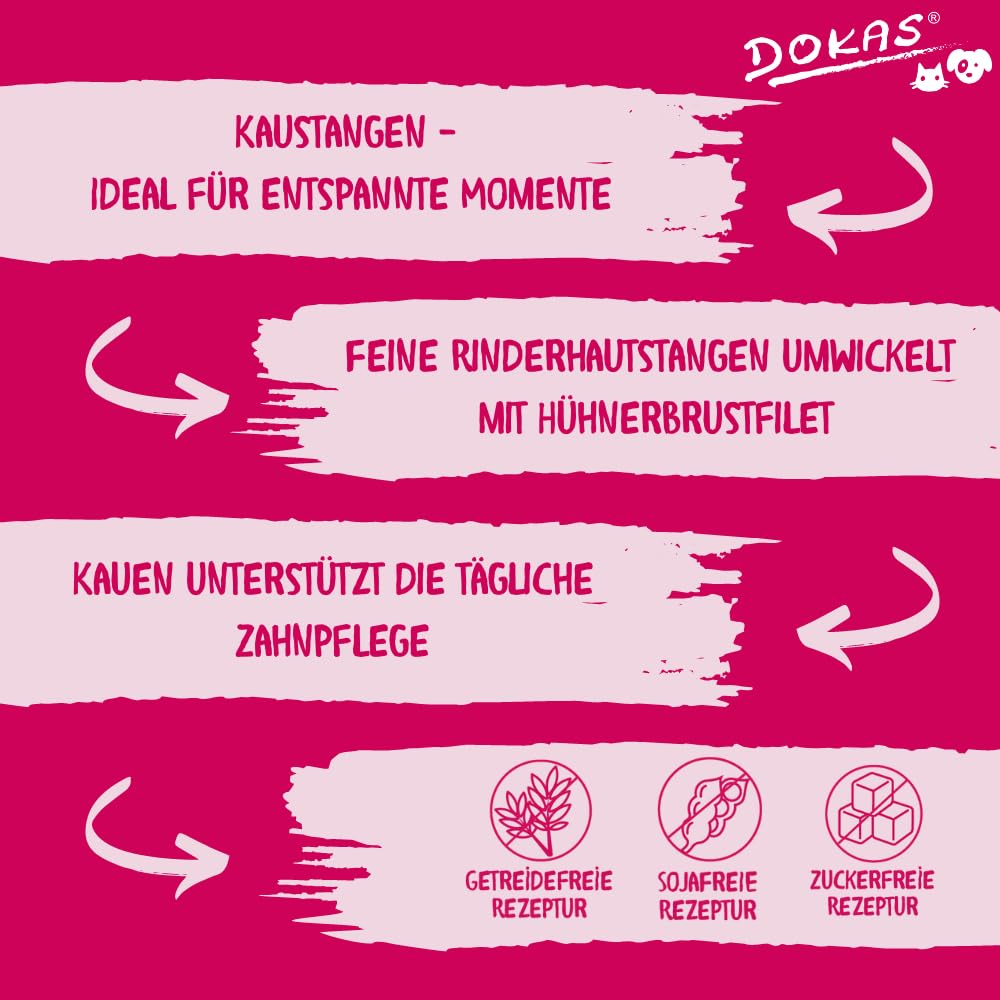Werbebild für Hundekaustangen mit Produktvorteilen wie getreide-, soja- und zuckerfrei auf rosa Hintergrund.