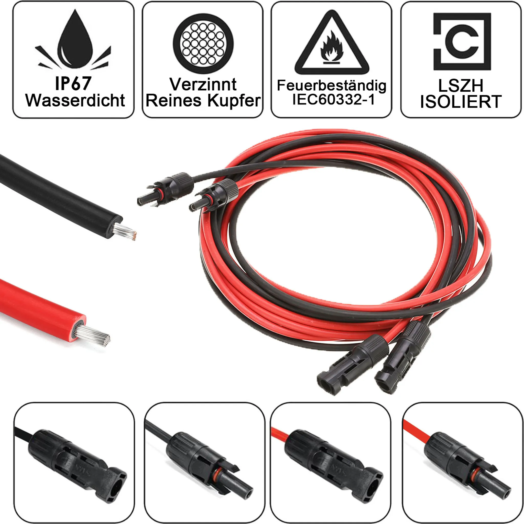 Solarkabel mit Steckern, umgeben von Icons für Wasserdichtigkeit, Kupfer, Feuerbeständigkeit und LSZH.