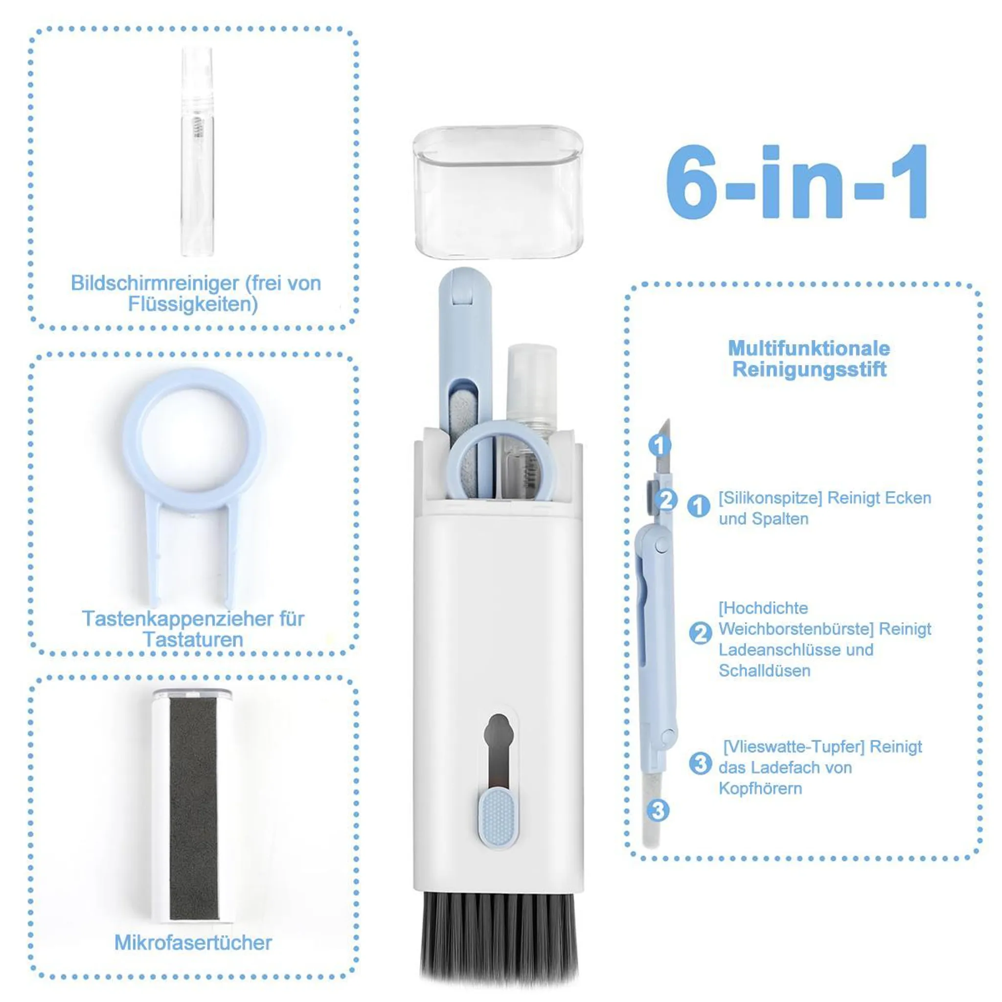 Ein 6-in-1 Reinigungsset mit Spray, Bürste, Schlüsselabzieher und Stift für elektronische Geräte auf weißem Hintergrund.
