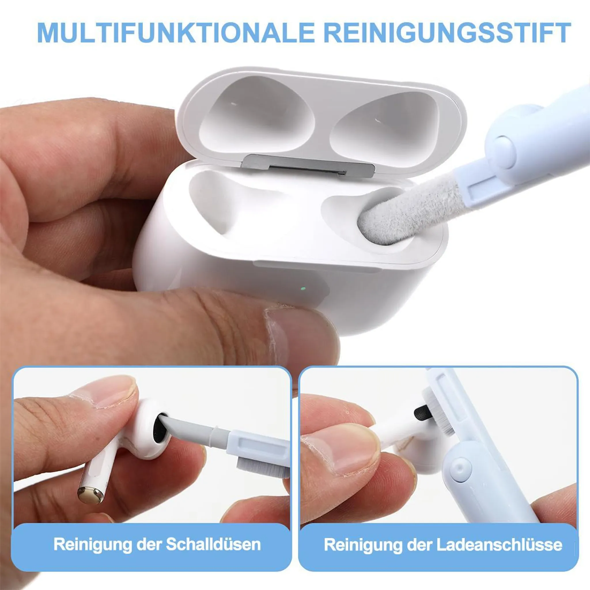 Ein Reinigungsstift säubert ein weißes Ladecase und AirPods-Ohrstöpsel.