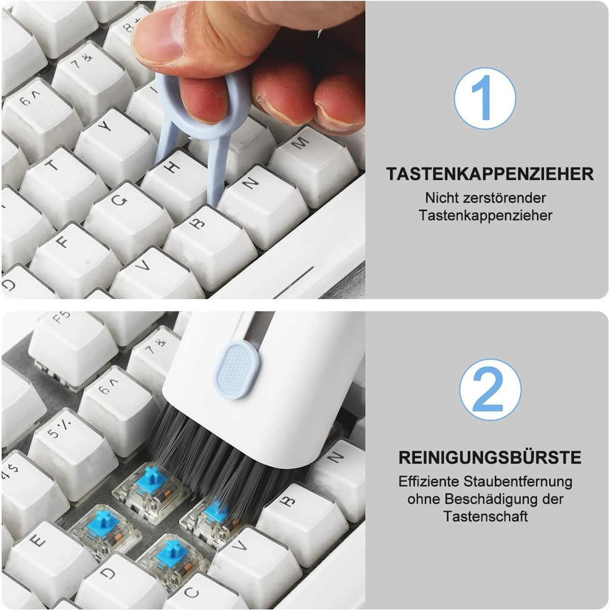 Ein Bild zeigt einen Tastenkappenzieher und das andere eine Reinigungsbürste auf einer weißen Tastatur.