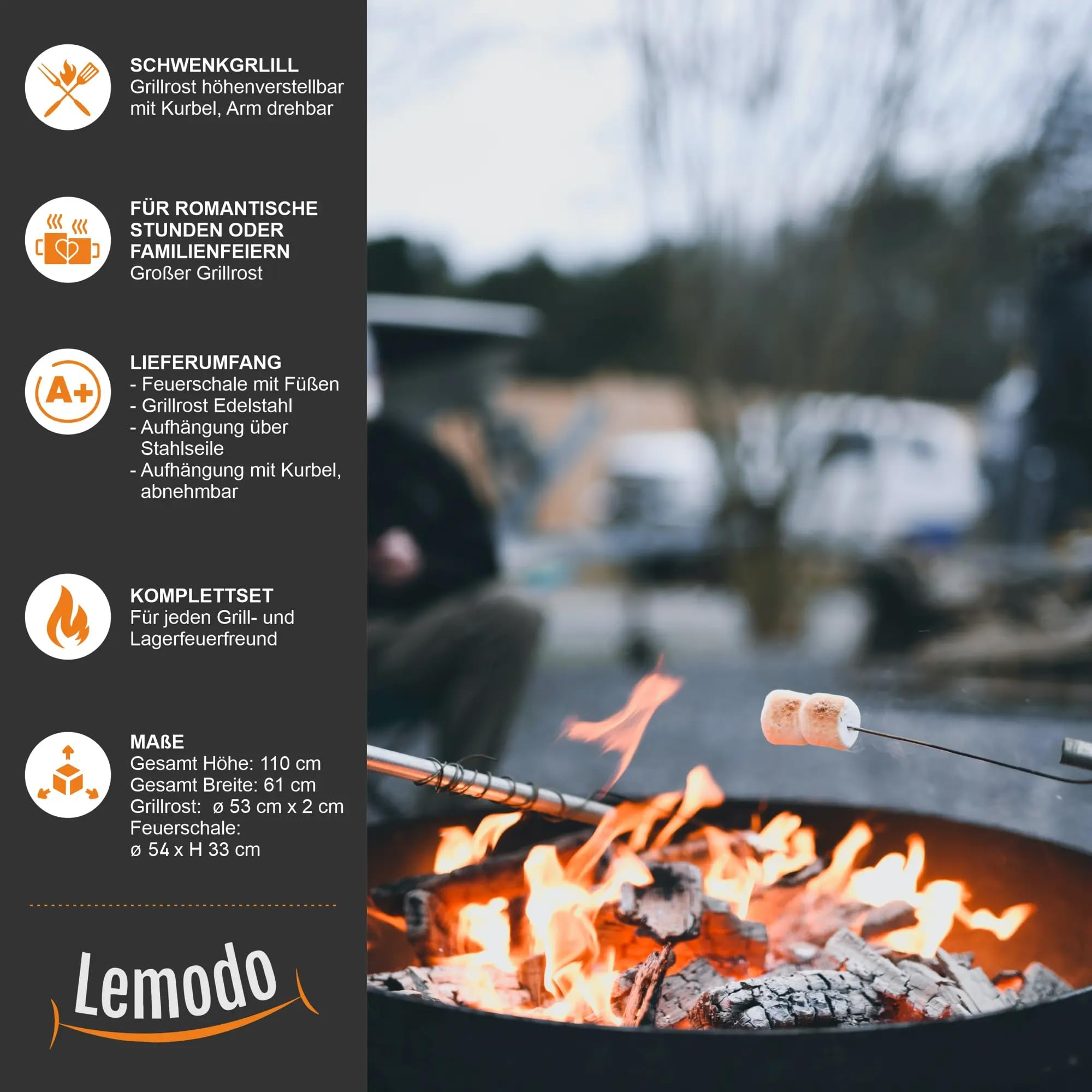 Des guimauves grillent sur un feu de camp dans un bol à feu, avec des informations sur le produit.
