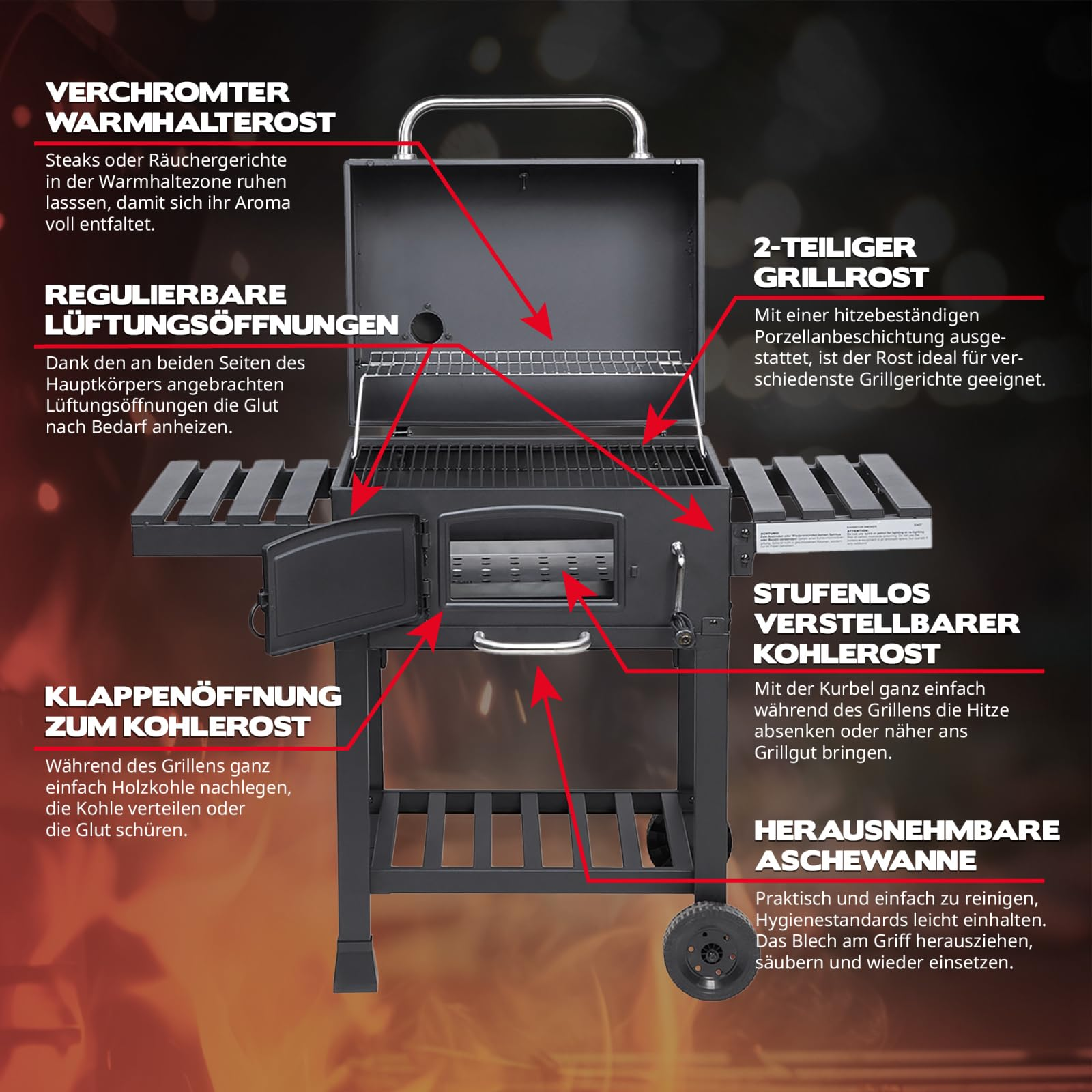 TAINO HERO XL fumoir au de bois avec thermomètre Barbecue au charbon, Noir 