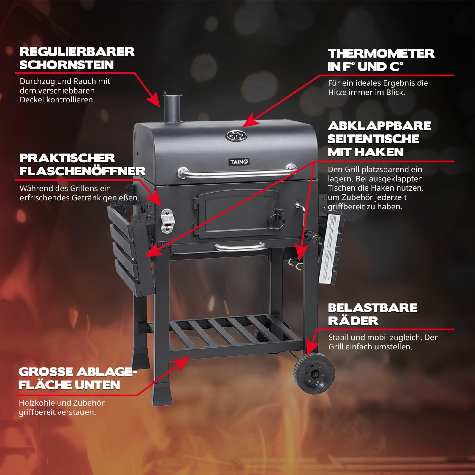 Barbecue à charbon Taino noir avec des fonctionnalités étiquetées comme le thermomètre, la cheminée et les roues.