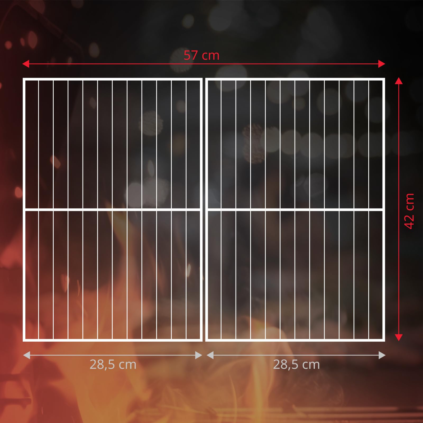 Deux grilles de barbecue blanches de 57x42 cm sur fond de feu.
