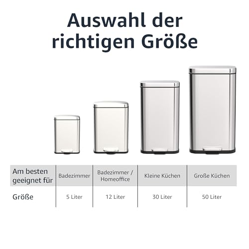 Vier silberne Mülleimer in Größen von 5 bis 50 Litern mit Größentabelle.