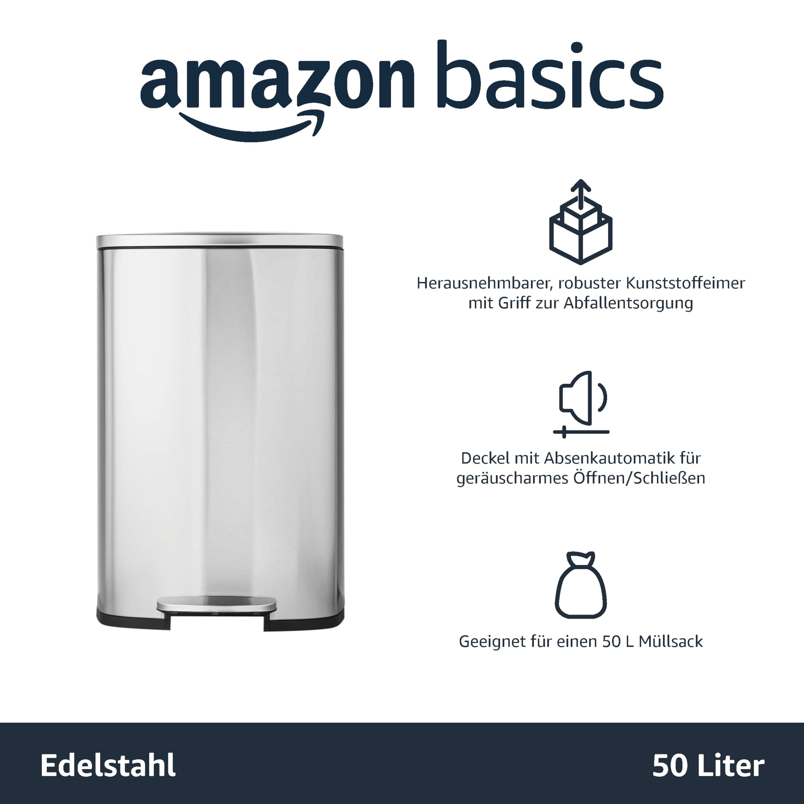 Amazon Basics Edelstahleimer mit 50L, herausnehmbarem Eimer und Absenkautomatik für geräuscharmes Schließen.