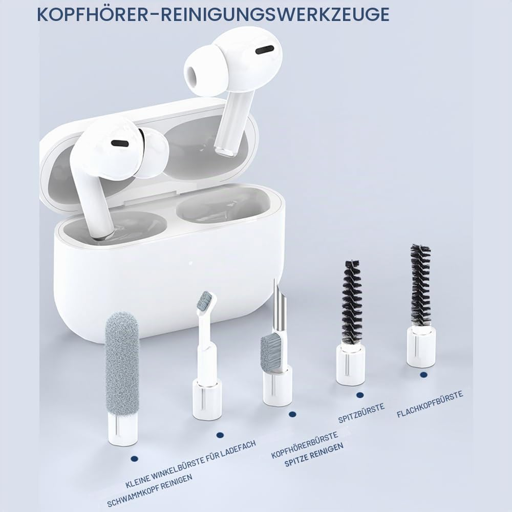 Weiße kabellose Ohrhörer in Ladecase mit fünf spezialisierten Reinigungswerkzeugen und deutscher Beschriftung.