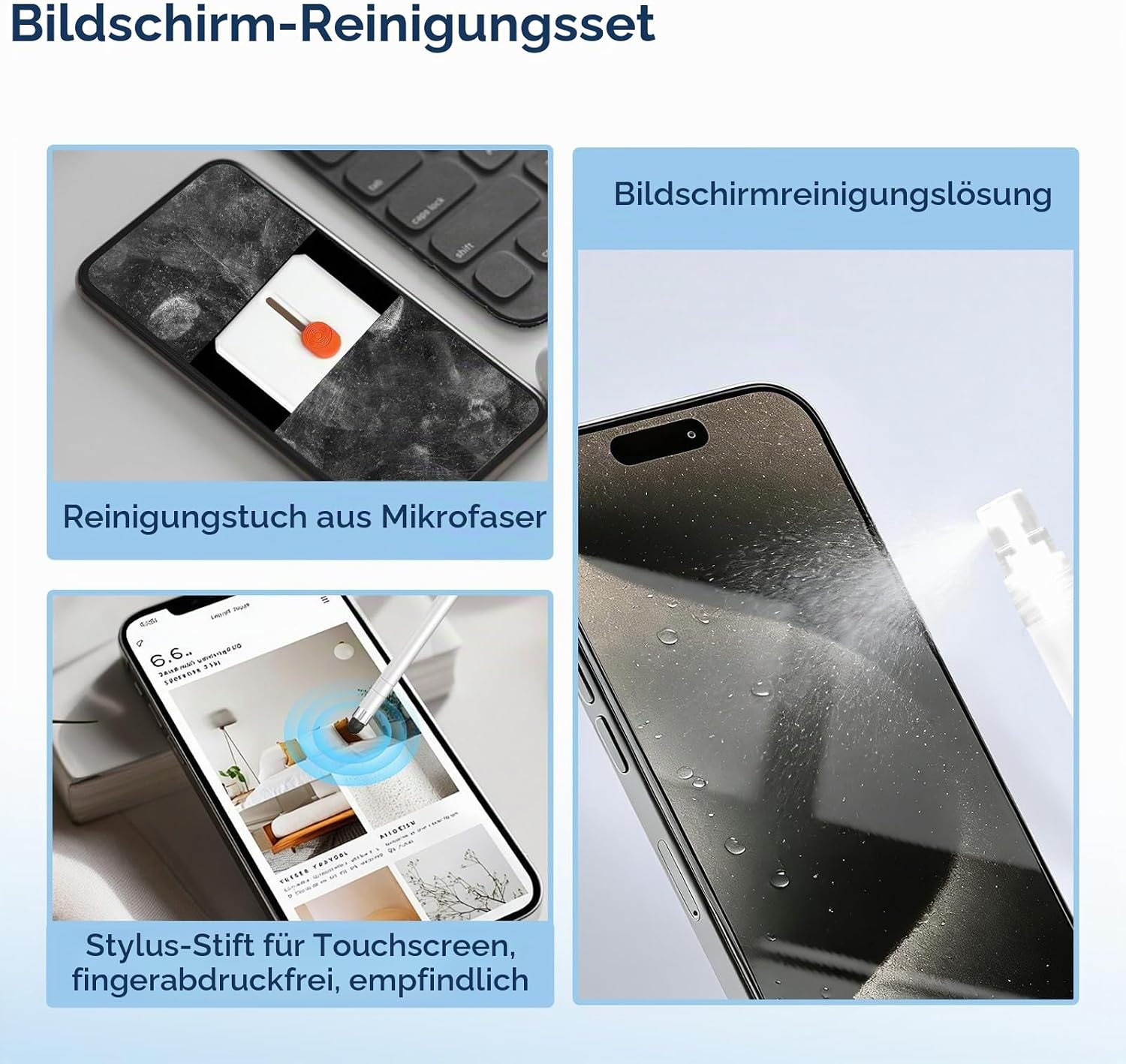 Ein Bildschirm-Reinigungsset mit Spray, Mikrofasertuch und Stylus, das elektronische Geräte von Schmutz befreit.