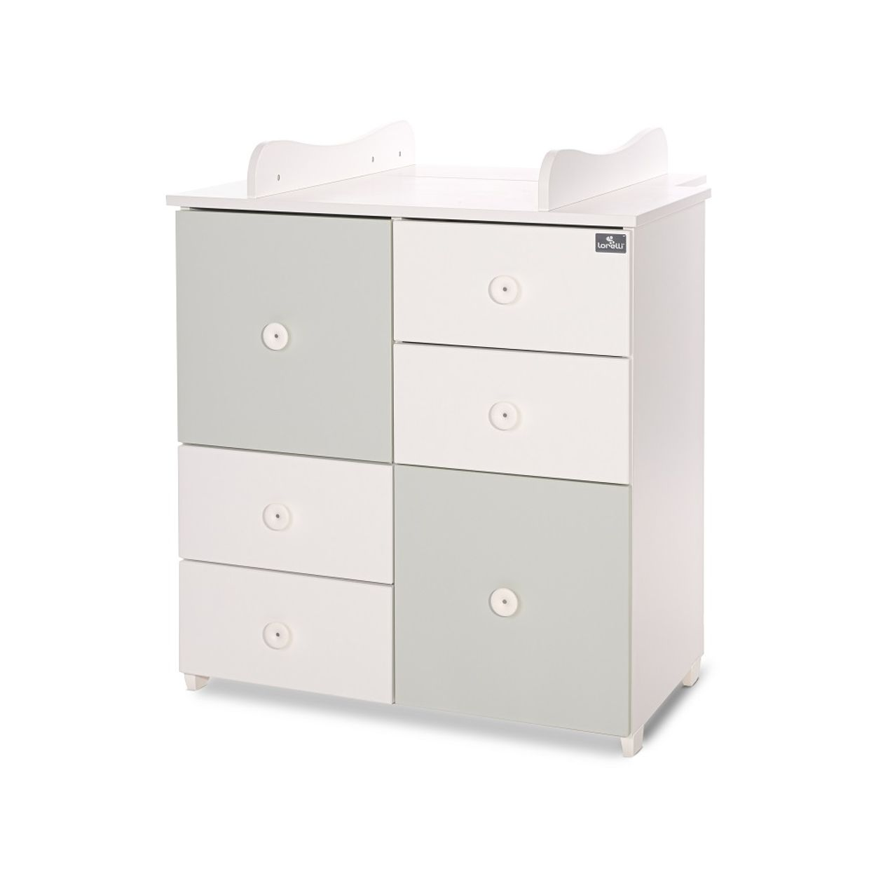 Weisse und graue Wickelkommode mit Schubladen und Schrank.