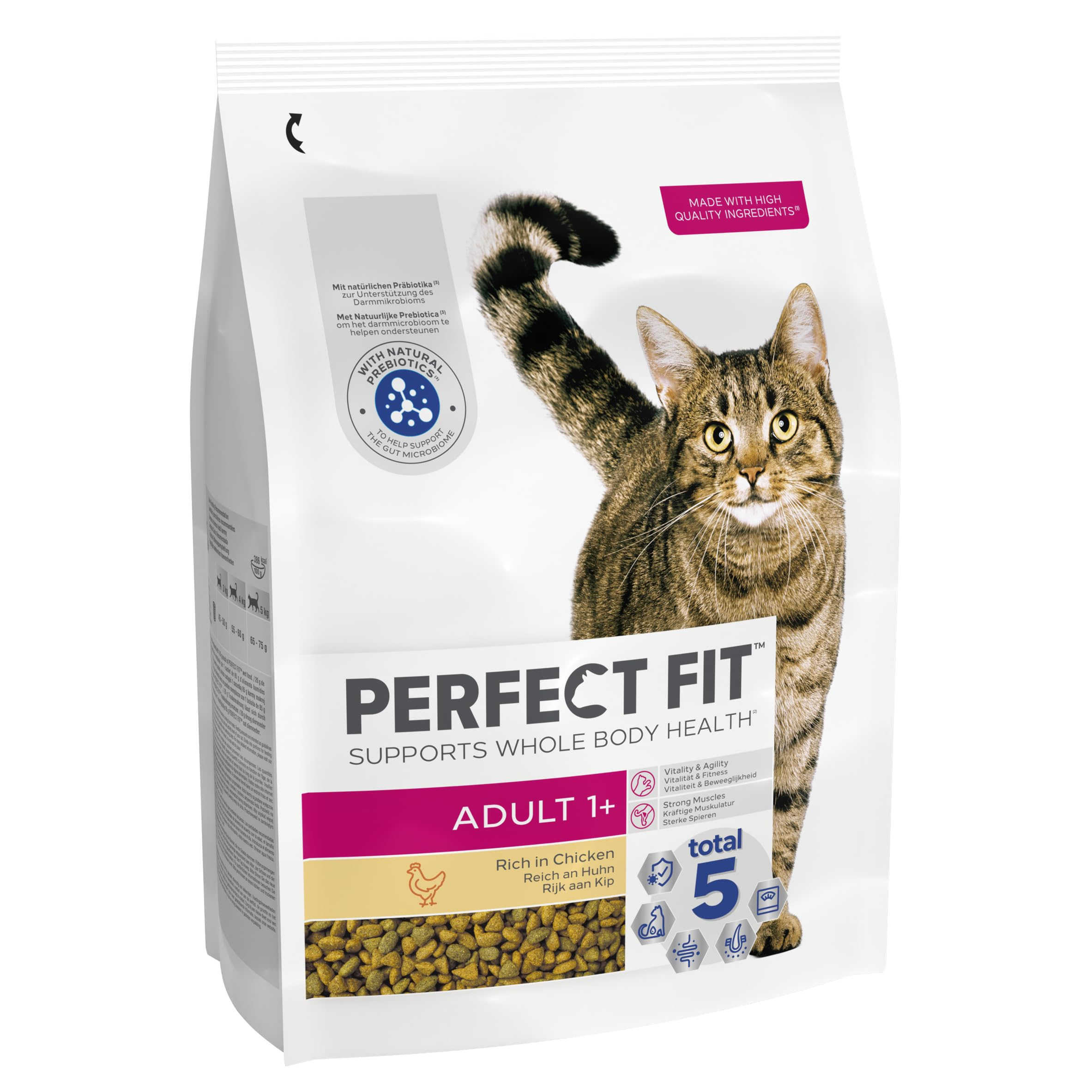 Eine weiße Perfect Fit Katzenfuttertüte mit getigertem Kater, Huhn-Symbol und 'Adult 1+' Aufschrift.