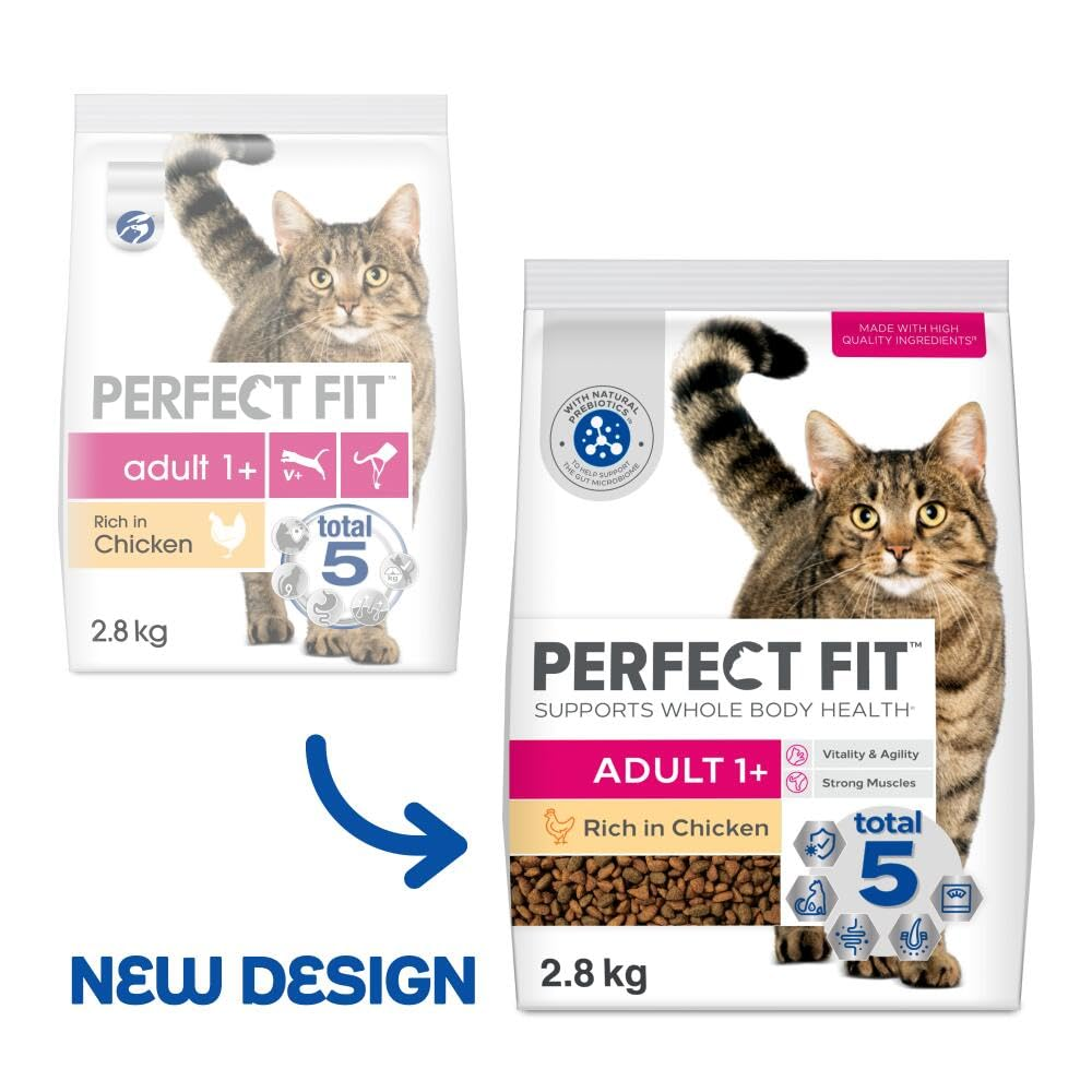 Vergleich zweier Perfect Fit Katzenfutterverpackungen mit Huhn, wobei das rechte Design neu ist.