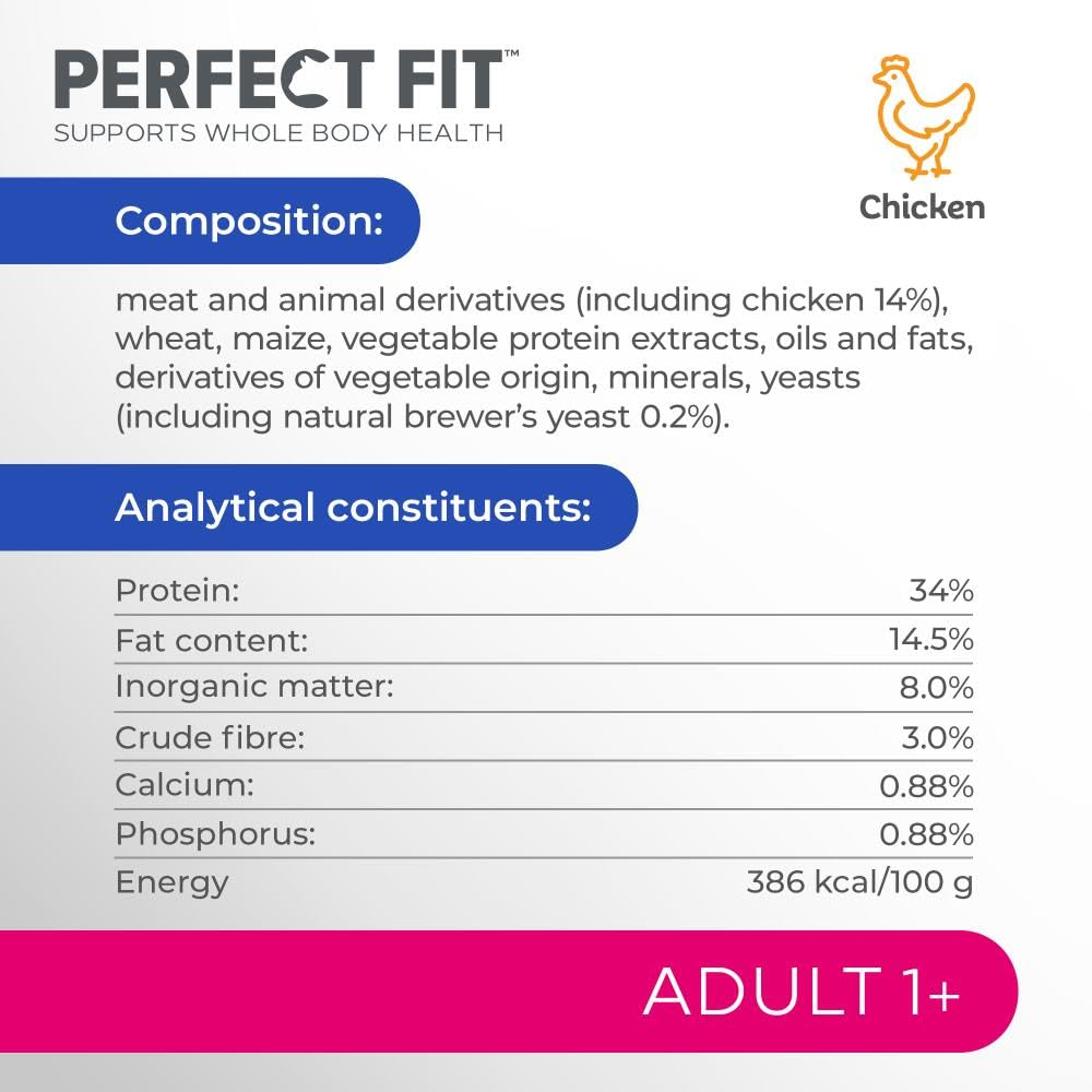 Perfekt Fit Hühnchen-Zutaten und Nährwerttabelle für ausgewachsene Katzen.