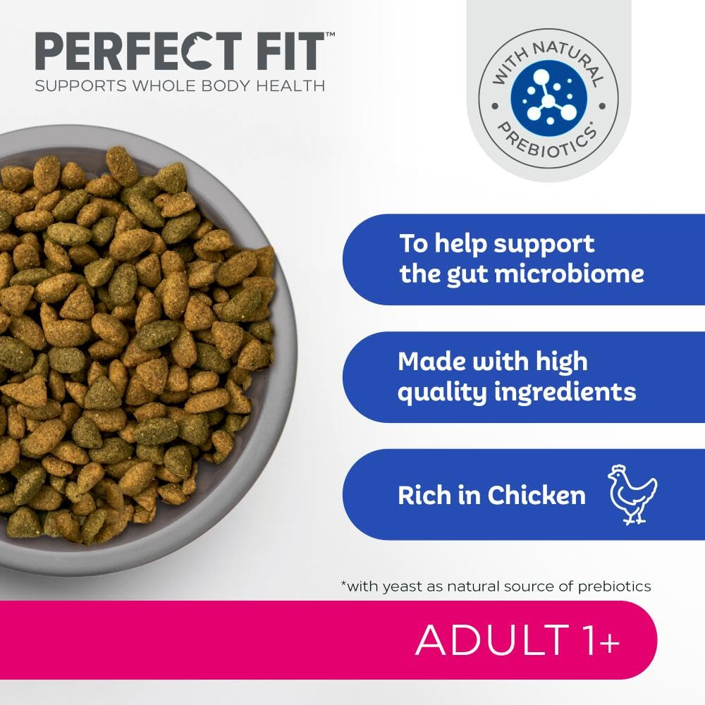 Perfekt Fit Katzenfutter-Werbung mit Hühnchen und präbiotischer Unterstützung in einer Schüssel.