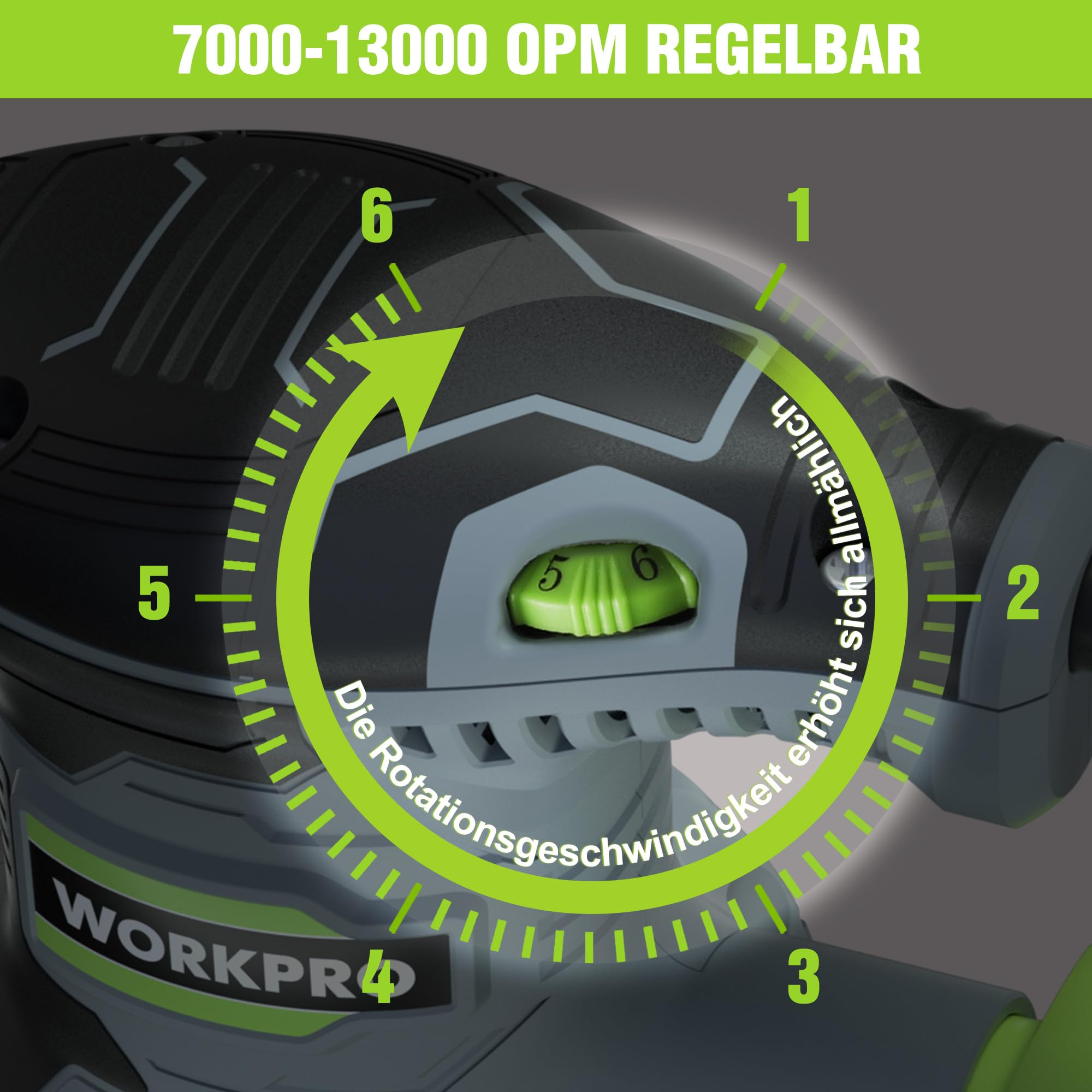 WORKPR4 Schleifmaschine mit Geschwindigkeitsregler von 7000-13000 OPM und Nummerierung von 1 bis 6.