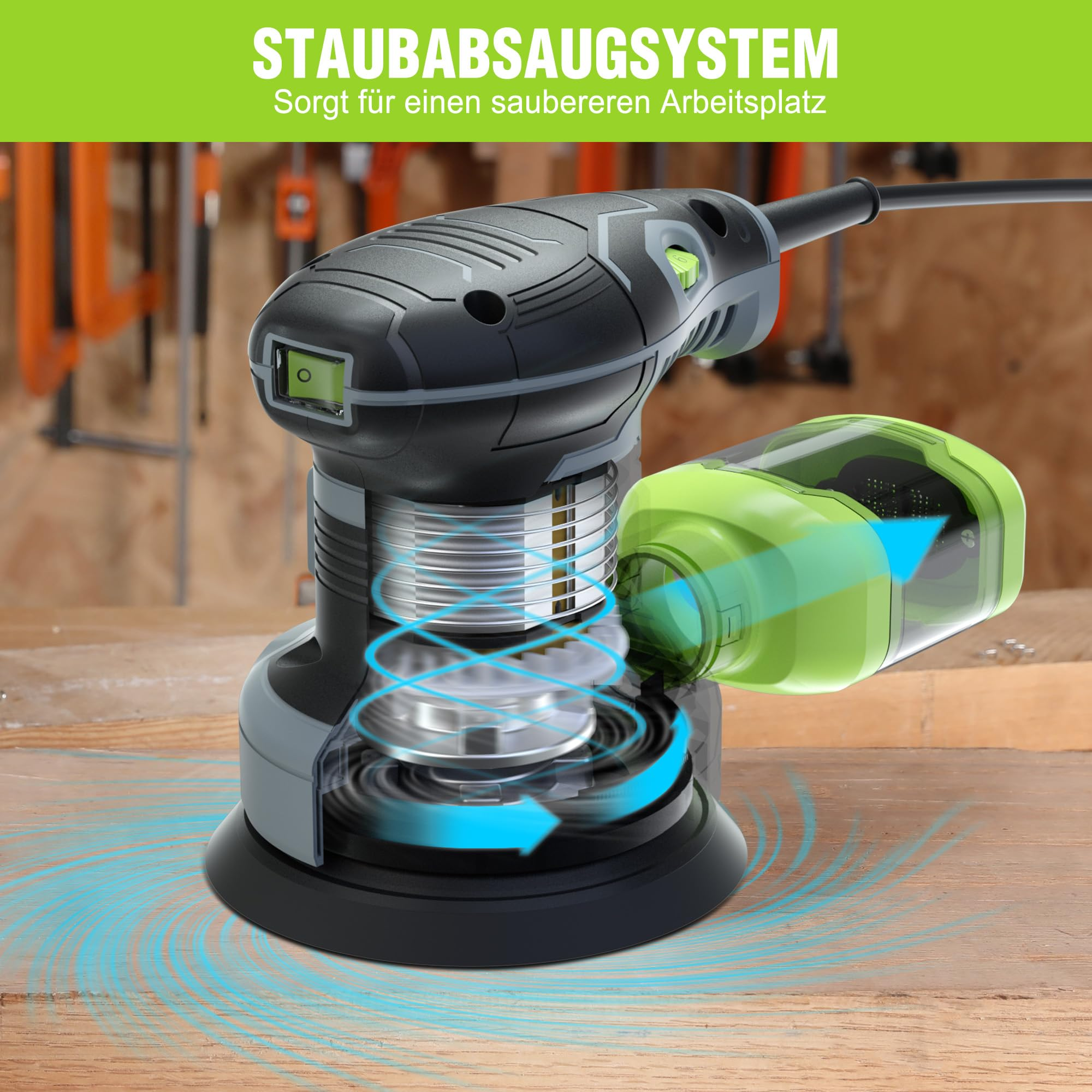 Exzenterschleifer mit Staubabsaugsystem und blauen Luftstrompfeilen auf Holz.
