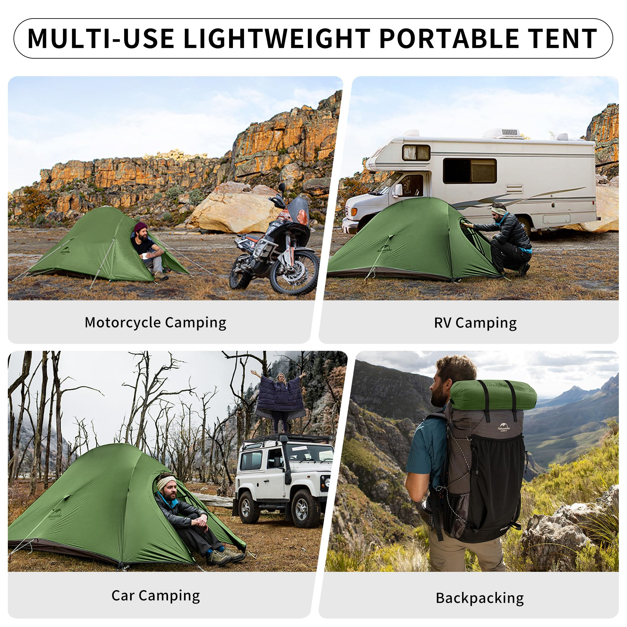 Quattro pannelli mostrano una tenda verde usata per moto, camper, campeggio in auto e backpacking.