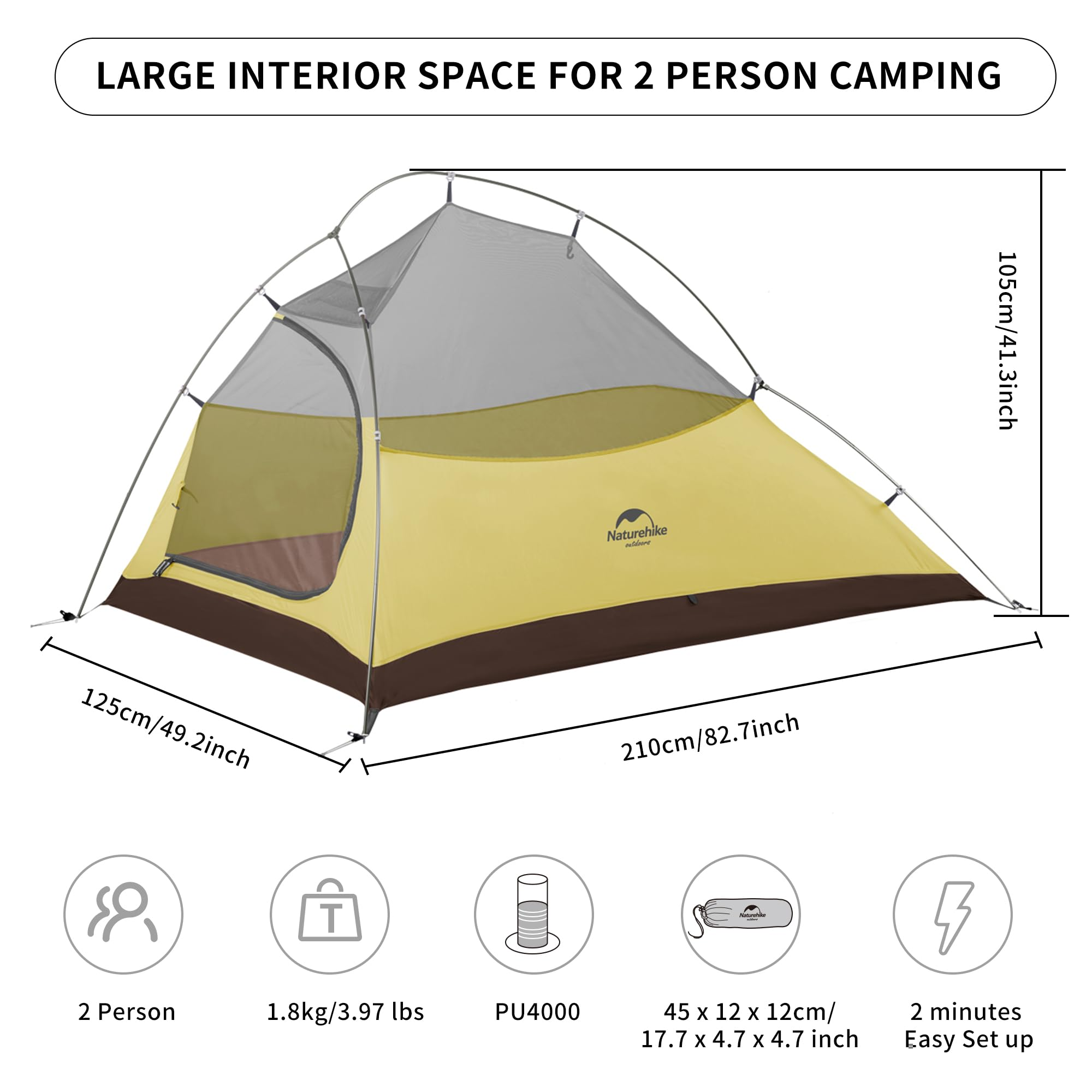 Tenda da campeggio gialla e marrone per due persone con dimensioni e icone su sfondo bianco.