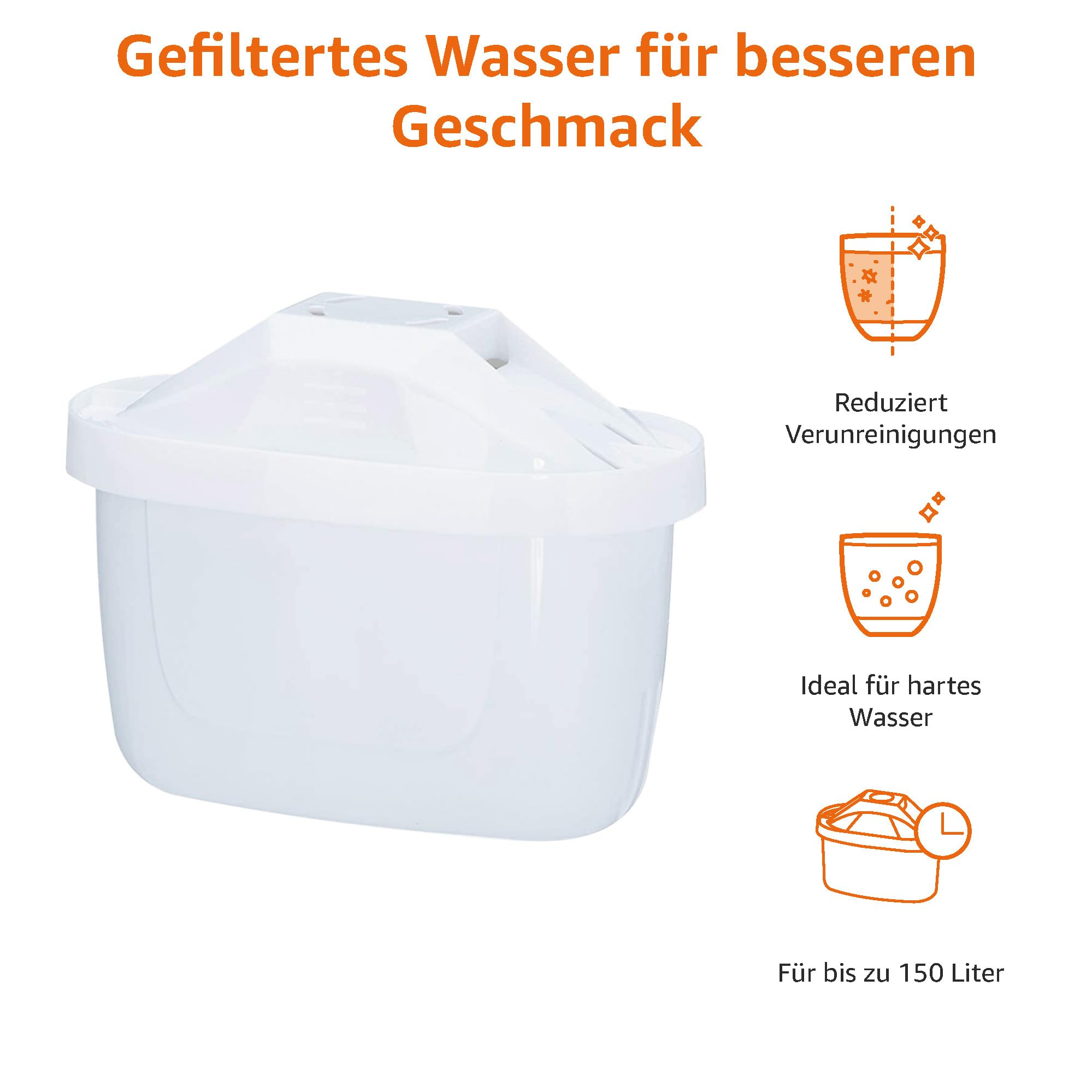 Filtro per acqua bianco con icone per impurità, acqua dura e capacità di 150 litri su sfondo bianco.