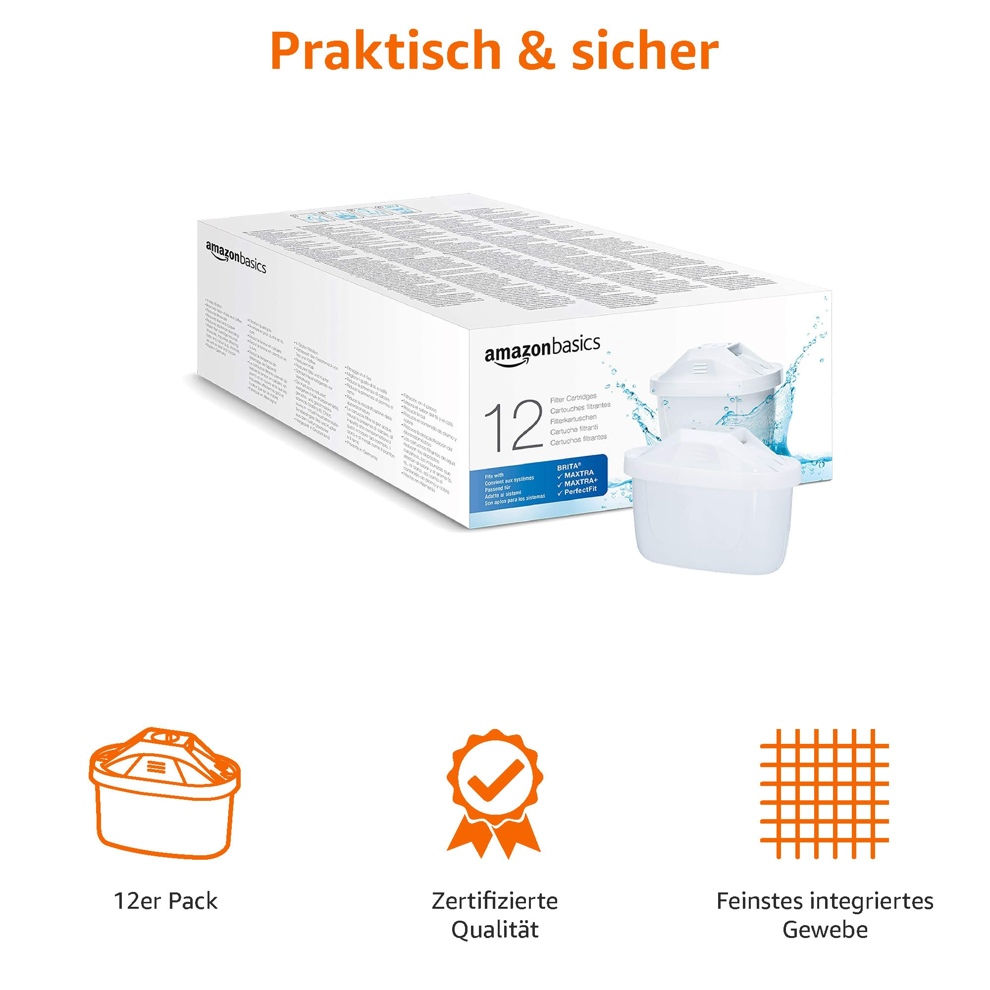 Confezione da 12 cartucce filtranti per acqua Amazon Basics con certificazione e rete.