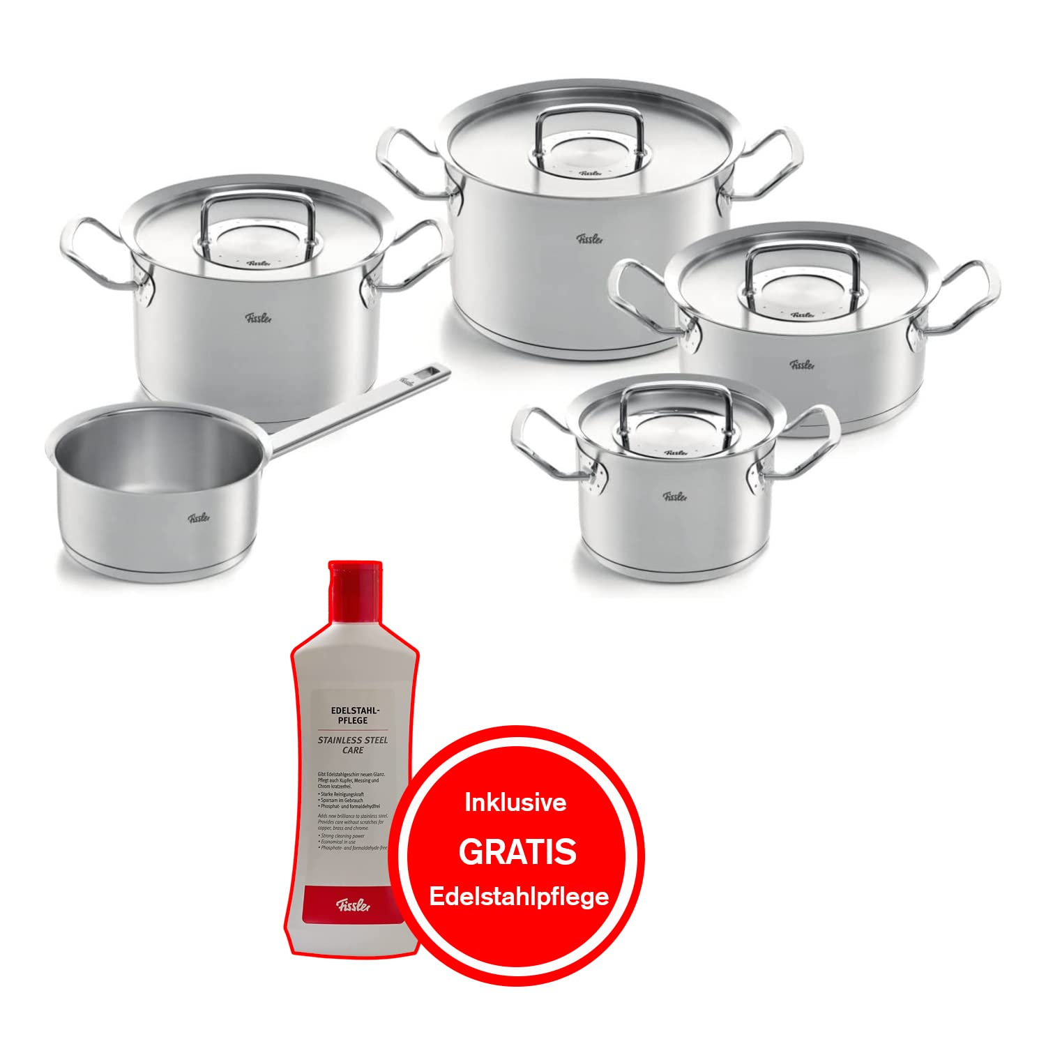 Set di pentole in acciaio inossidabile Fissler con quattro pentole, un cucchiaio, coperchi e cura gratuita.