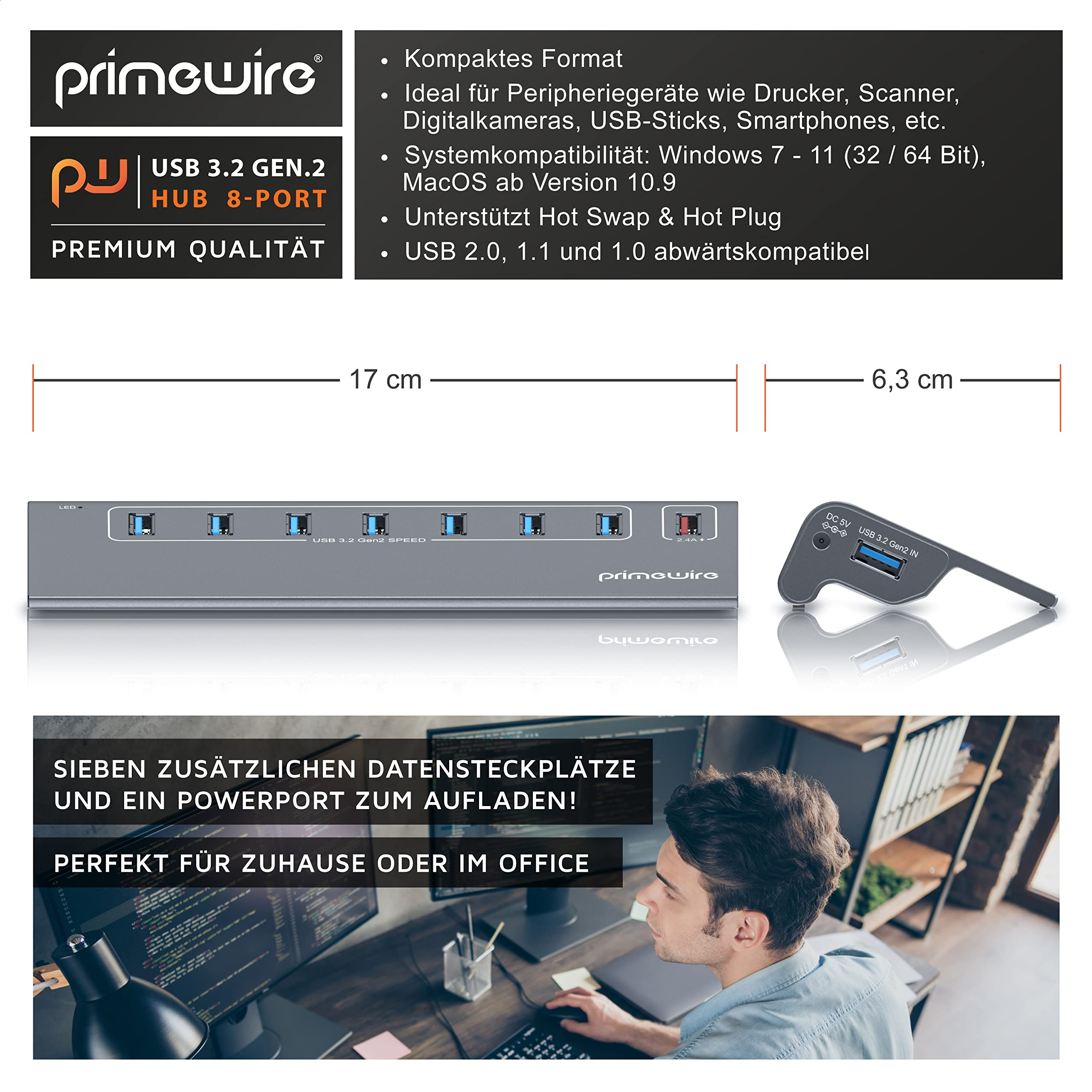 Hub USB 3.2 Gen.2 a 8 porte Primewire con dimensioni ed esempio d'uso in ufficio.