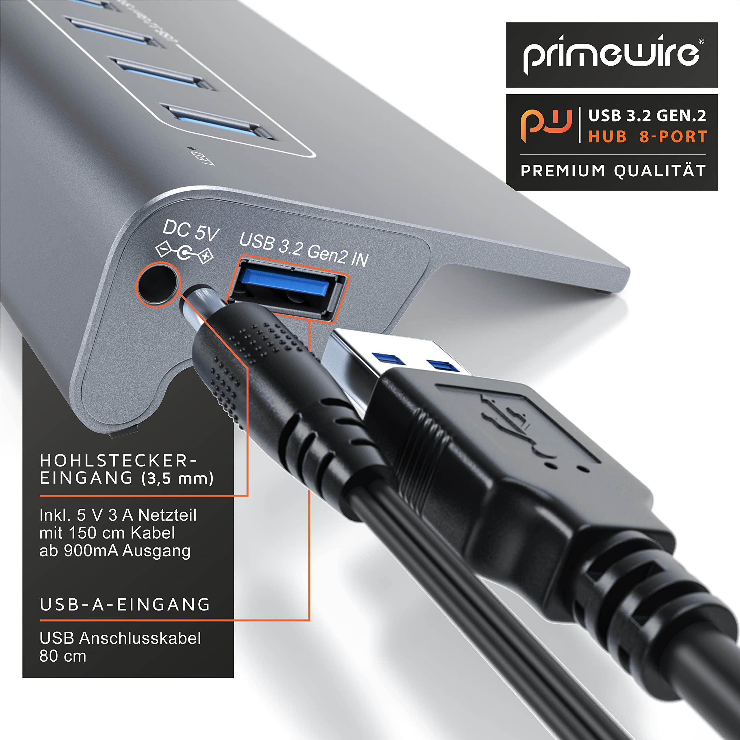 Hub grigio Primewire USB 3.2 Gen.2 con cavi di alimentazione e USB collegati e testo esplicativo.