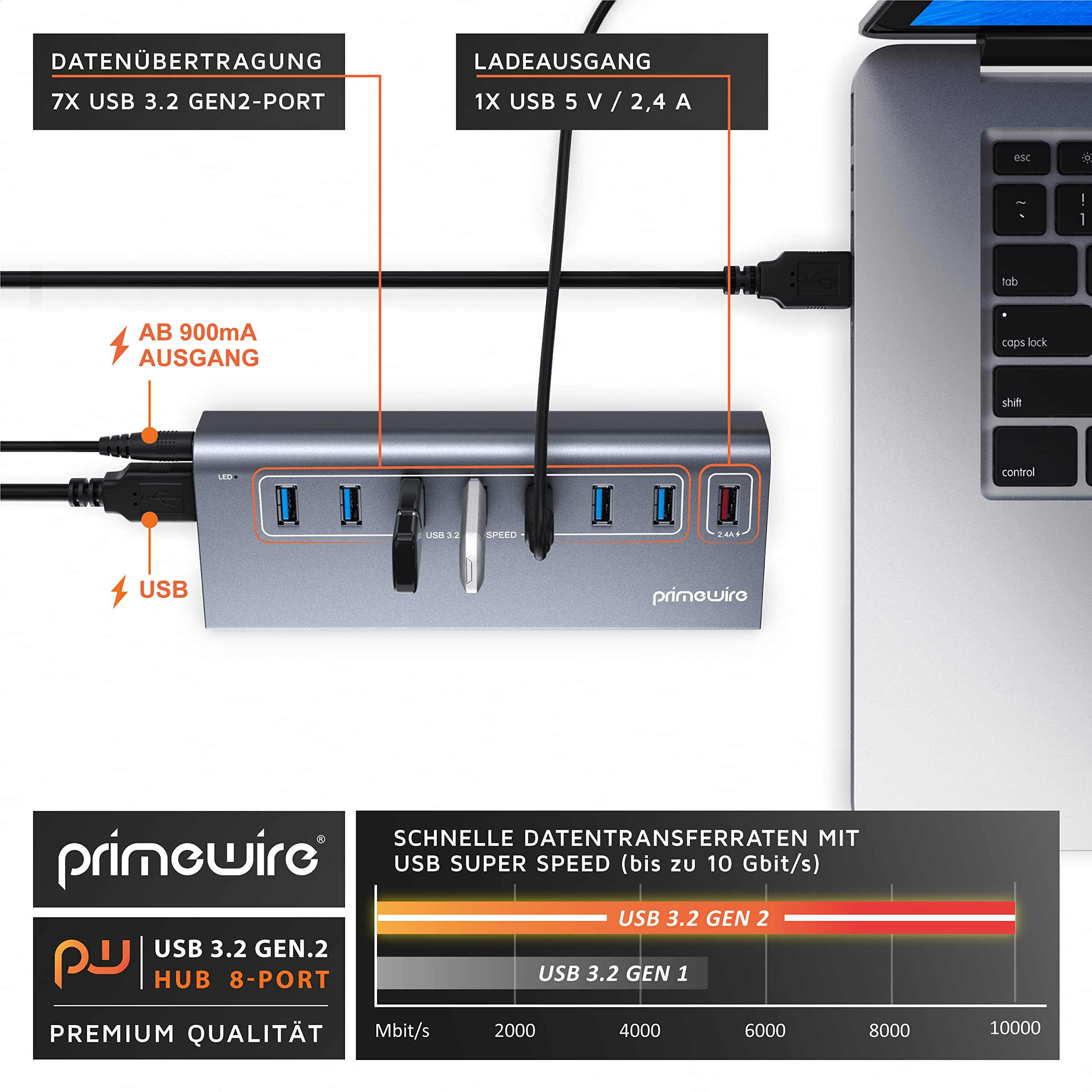 Un hub USB grigio a 8 porte Primewire collegato a un laptop con diversi cavi collegati.