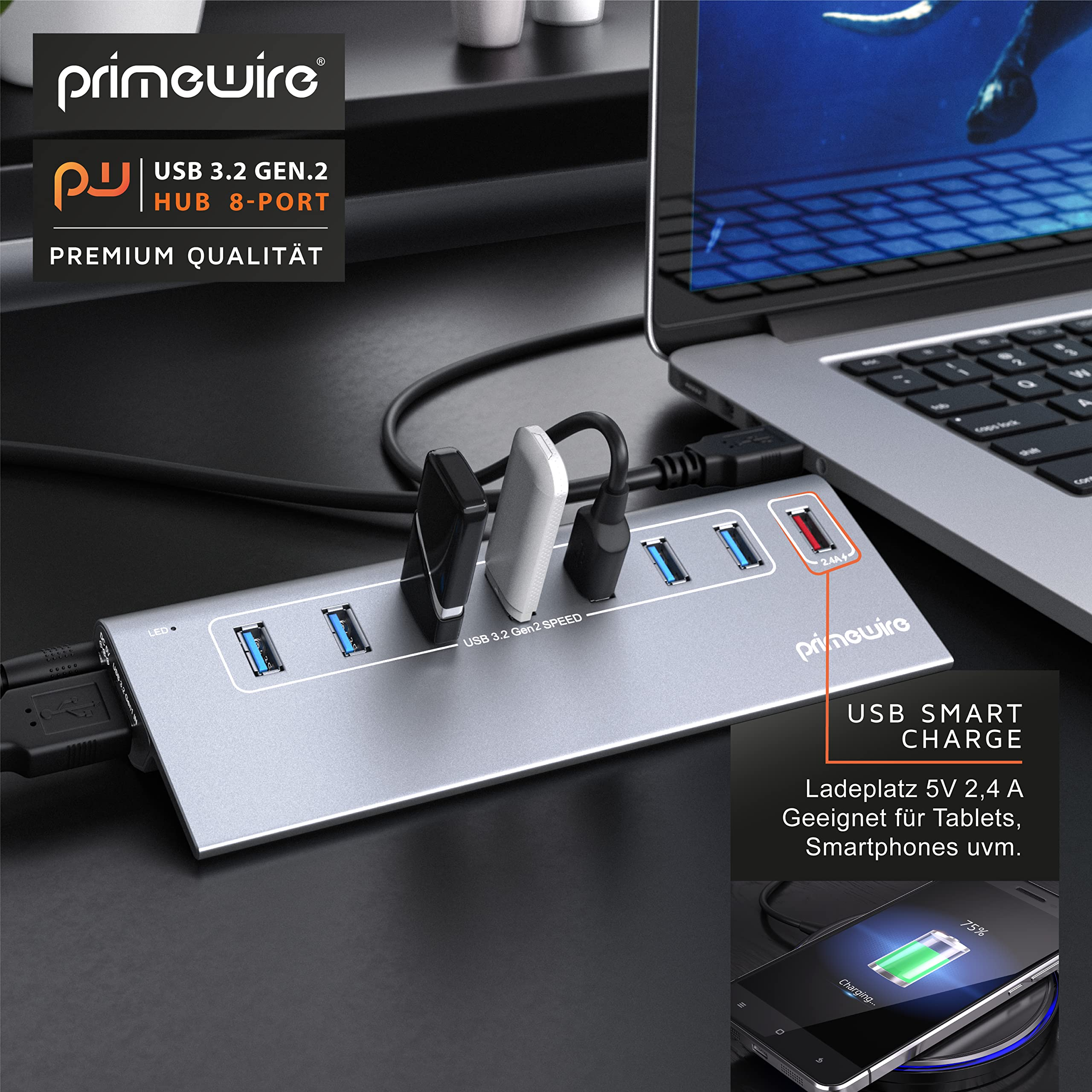 Un hub USB 3.2 Gen.2 a 8 porte Primewire argento è collegato a un computer portatile.