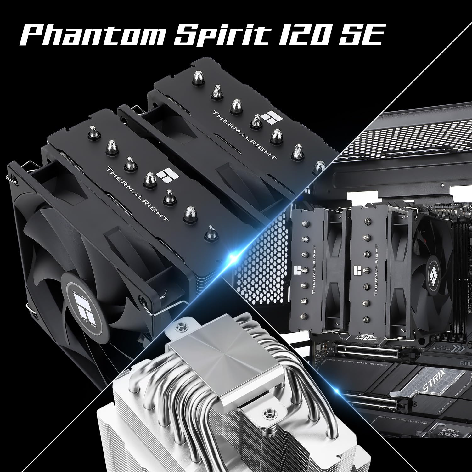 Thermalright Phantom Spirit 120 SE CPU-Kühler mit zwei Türmen, Lüftern und Kupfer-Heatpipes auf einem Mainboard.