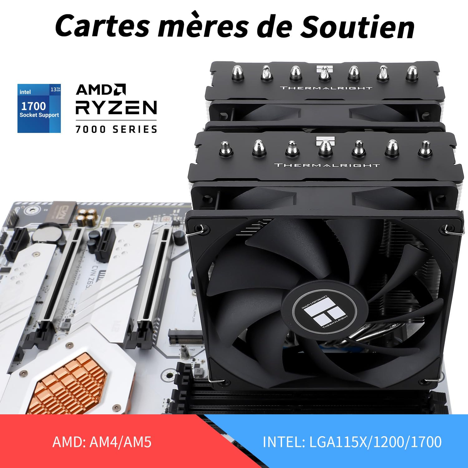 CPU-Kühler auf einem Motherboard mit Intel- und AMD-Logos.