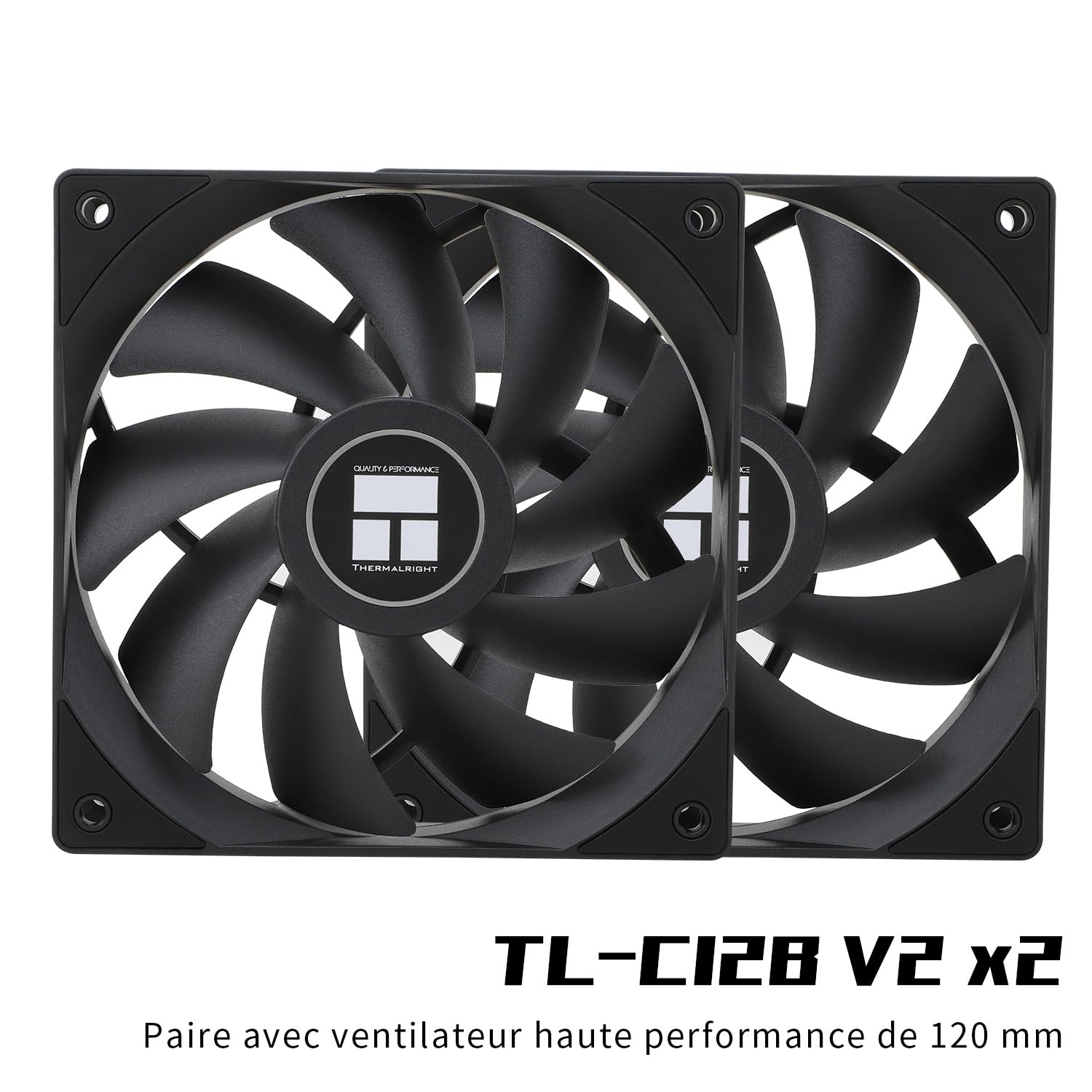 Zwei schwarze 120-mm-Gehäuselüfter mit Thermalright-Logo, nebeneinander auf weißem Hintergrund platziert.