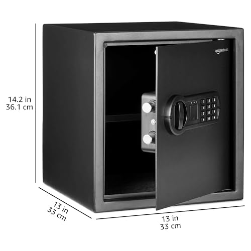 Un coffre-fort numérique noir avec porte ouverte, dimensions 14,2x13x13 pouces.